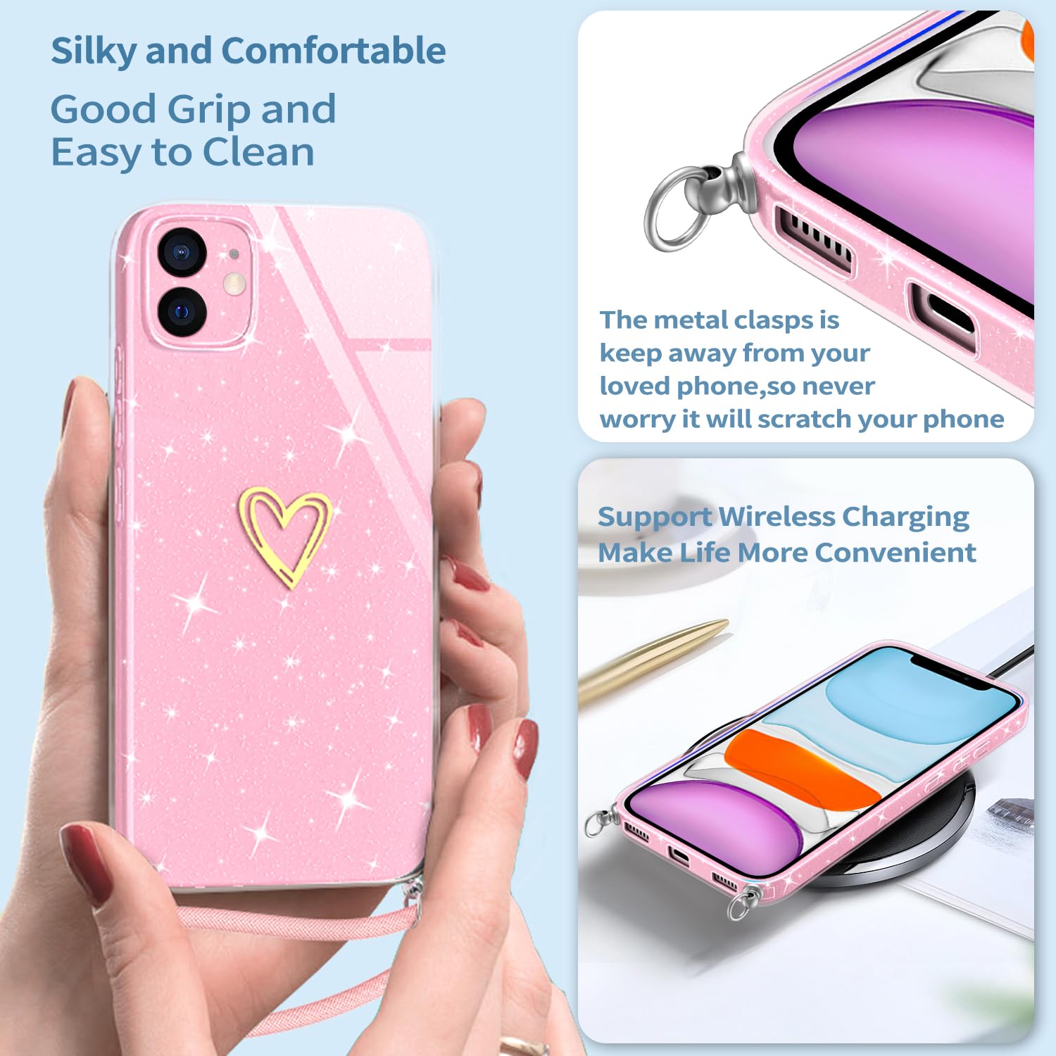 Cover Glitter Con Cordino Per IPhone 11: Custodia A Tracolla Con Cuori, TPU Morbido, Antiurto E Antigraffio, Rosa - 5