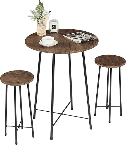 VECELO Juego de mesa de 3 piezas, muebles y sillas redondas de bistró, juego de 2, parte superior de madera de altura de mostrador, ahorro de