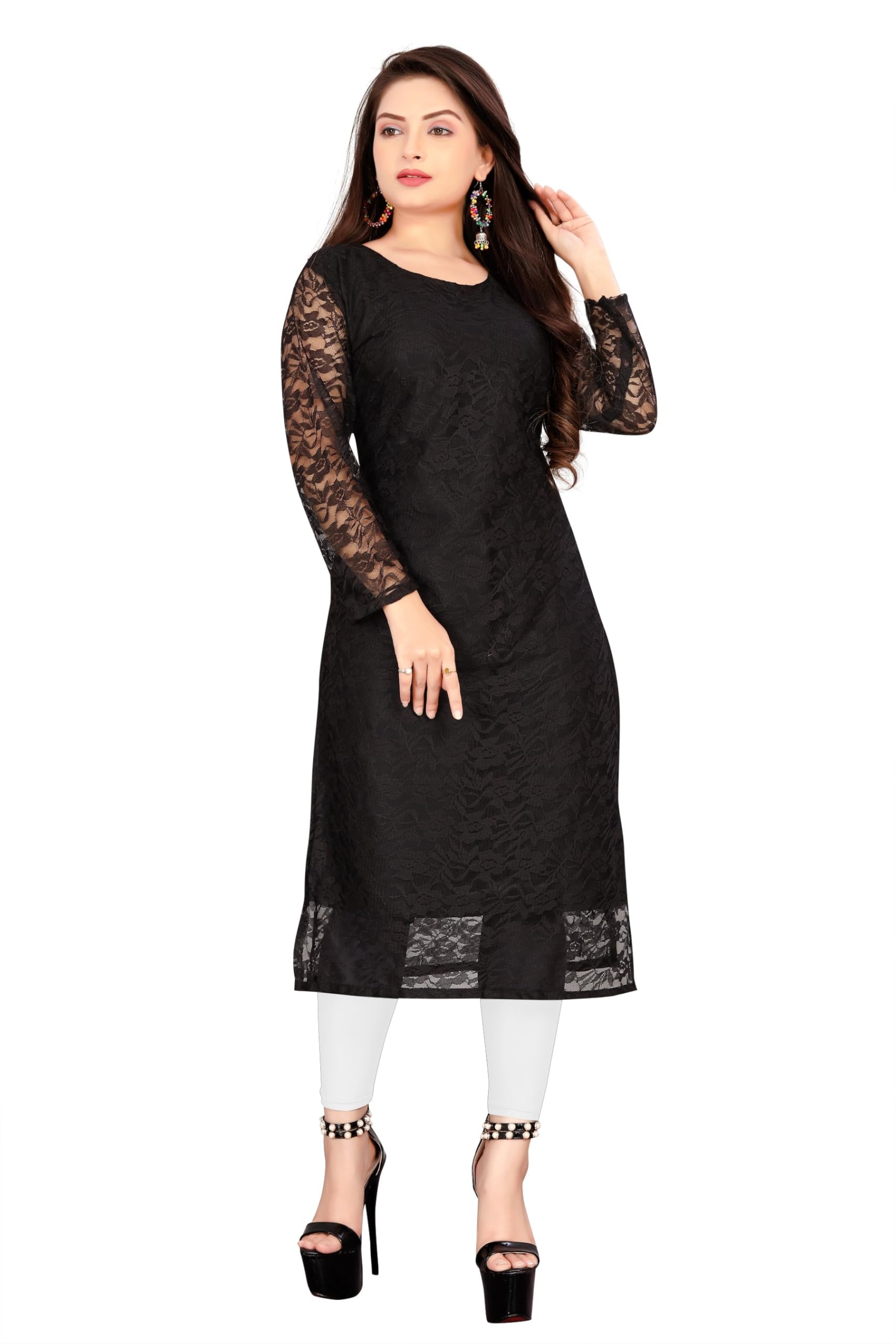 for Women Full Sleeve Net Round Neck A-Line Stiched Kurti for Casual Wear-image-17