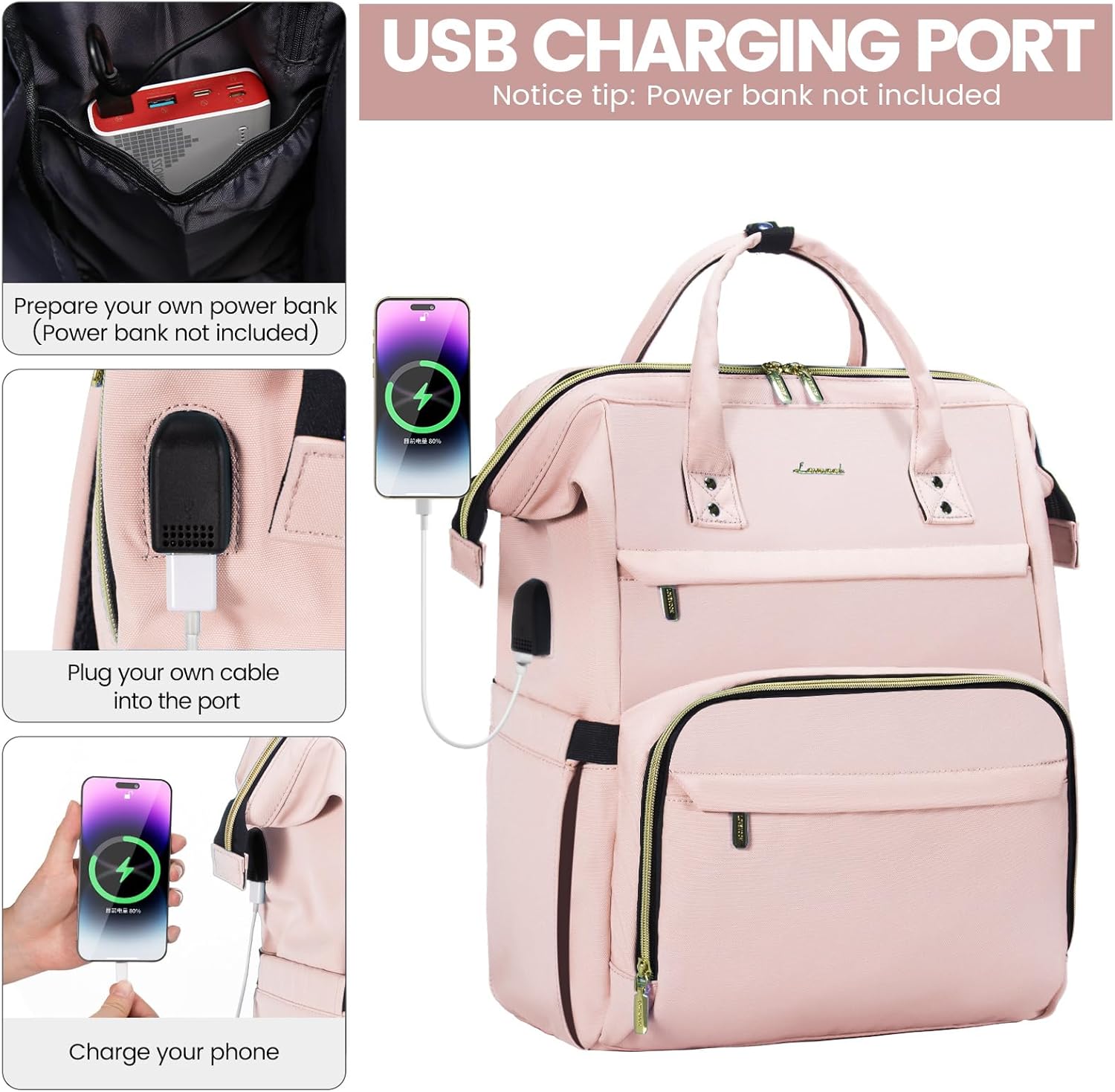 LOVEVOOK Laptop Backpack for Women,15.6 Inch Professional Womens Travel Backpack Purse Computer Laptop Bag Nurse Teacher Backpack,Waterproof College Work Bags Carry on Back Pack with USB Port, Pink - Image 4