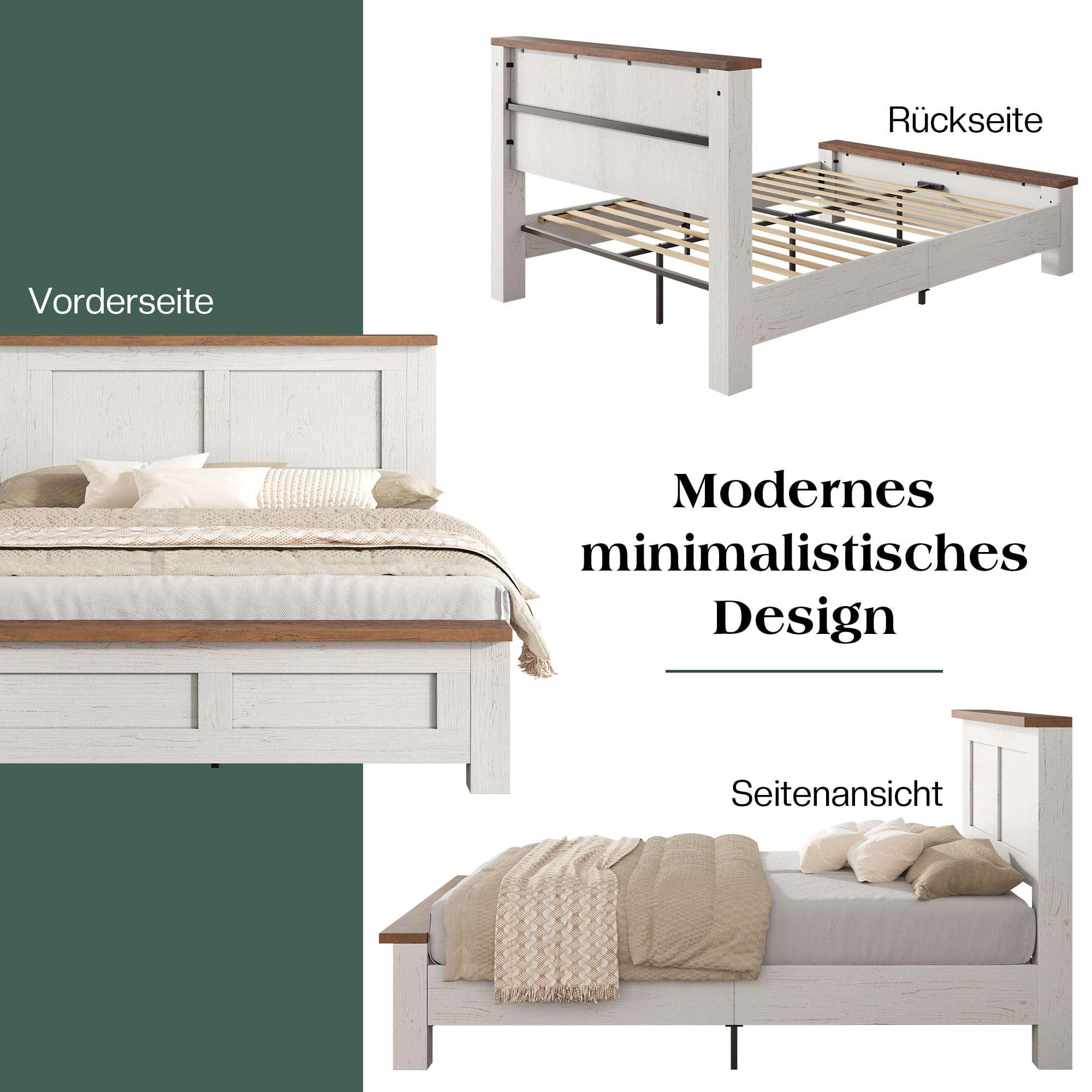 LUXOAK Bett mit Lattenrost, Bettgestell in Holzoptik mit Kopfteil im Rillen-Design, Modernes Holzbett im skandinavischen Stil, 15,5 cm Bodenfreiheit,Weiß (Weiß, 160 × 200 cm)