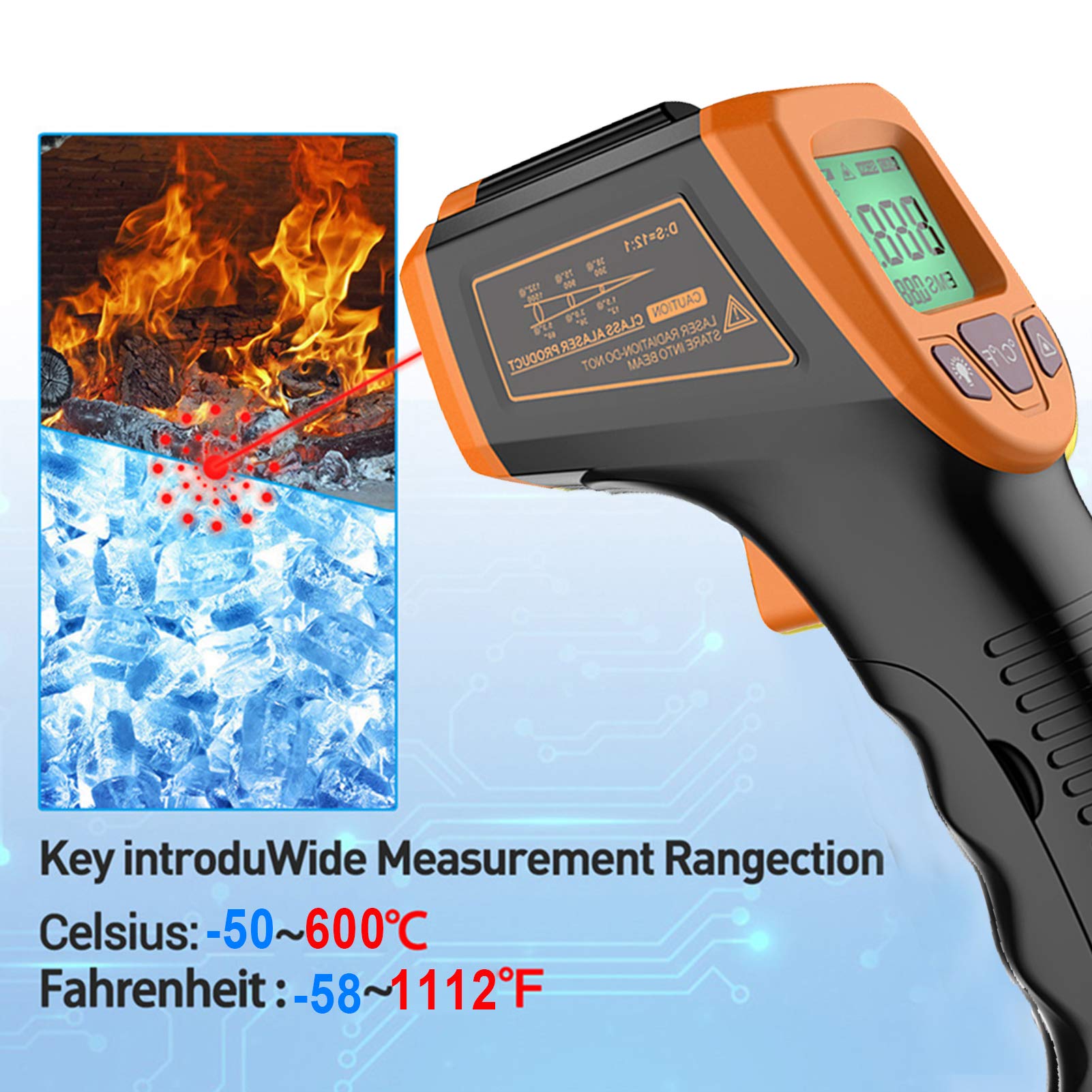 Termometro a infrarossi contatto zero digitale portatile con display LCD retroilluminato Emissività regolabile Gamma di temperature ampia Alta precisione per uso industriale