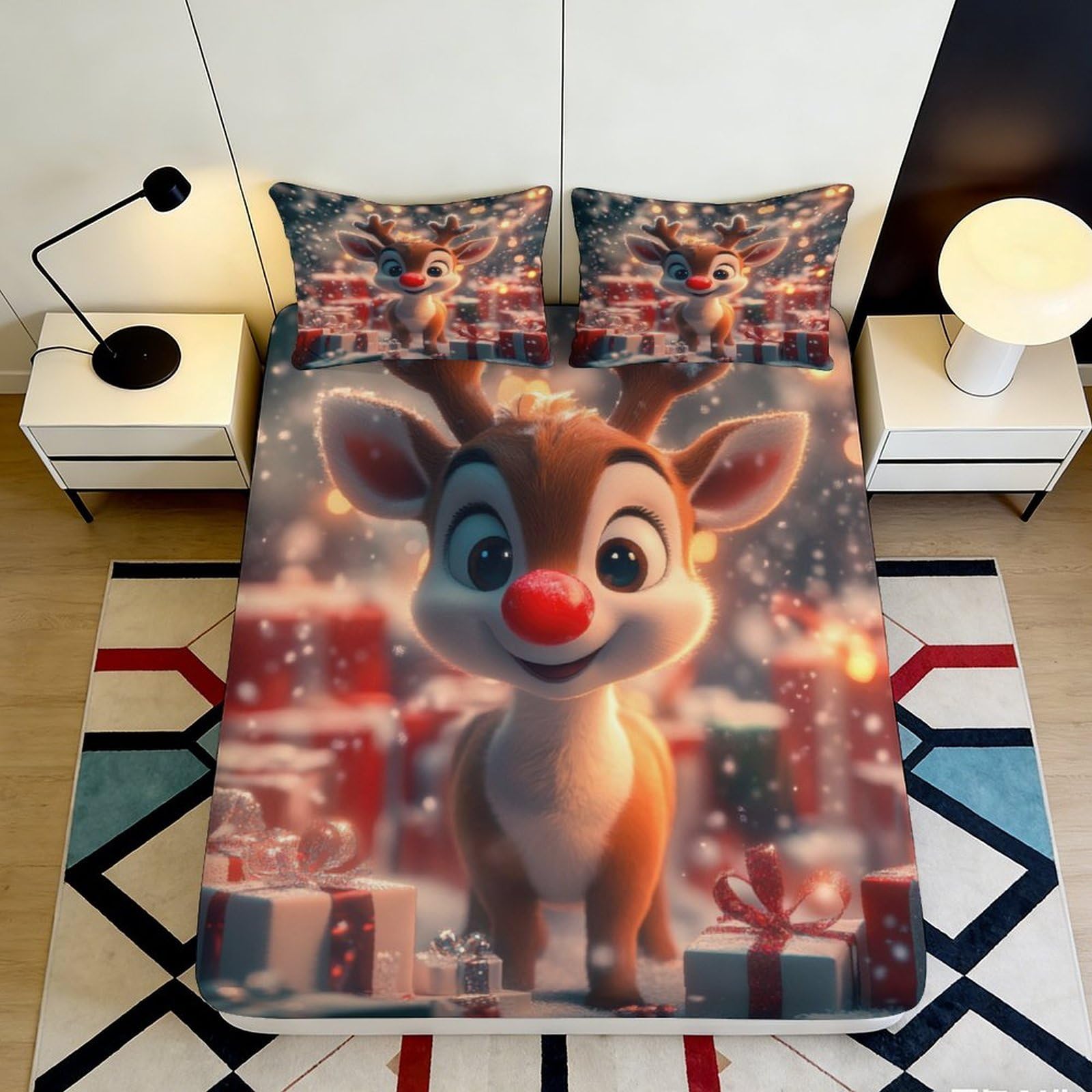 Pnayamiorkfel Style-1 3D Printed Cartoon Reindeer Fitted Sheet Microfiber Festive Gift Box Mattress Cover For Bedroom Guest Room Decor 90X200x25cm