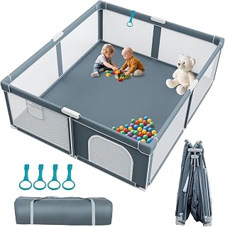 omzer Foldable Baby Playpen 71x79 Inch - Collapsible Portable Play Yard for Babies Toddlers, Mesh Sides, Quick Setup Carry Bag