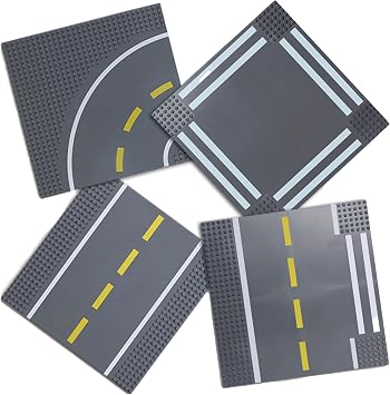 Strictly Briks Stackable Road Base Plates - Compatible with Lego & Toy City Tracks - Curved & Intersection Road Plates - Creative Play with Plastic Baseplates - Pack of 4, Gray, 10 in x 10 in, Ages 3+