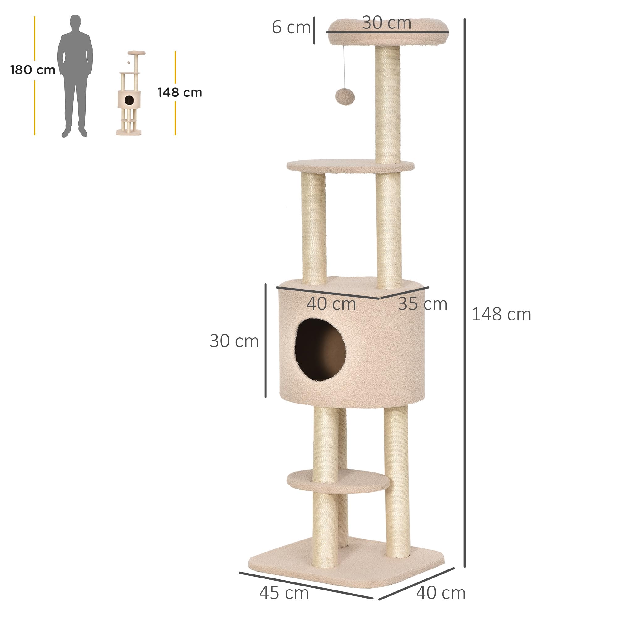 PawHut Albero Tiragraffi Robusto per Gatti con 5 Livelli, Cuccia, Casetta, Giochi e Corda Sisal, Beige, Max 30kg