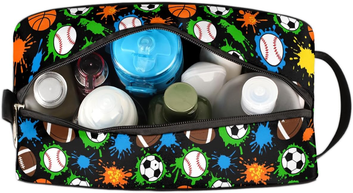 Colorful Splashes Sports Balls Pattern Kids Toiletry Bag for Boys Girls, Cosmetic Makeup Bag with Handle, Travel Shaving Kit Organizer, Waterproof Portable Wash Bag for Gym Vacation Camping Sports