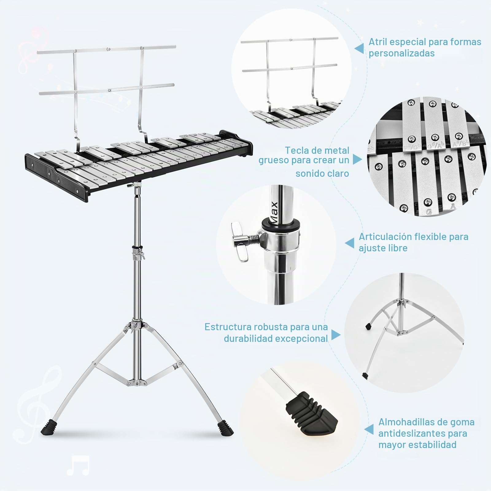 KOMFOTTEU Xilófono de 30/32 Notas, Glockenspiel con Soporte de Altura Ajustable, Carrillón con Mazos, Baquetas, Atril, Bolsa de Transporte, Instrumento de Percusión para Niños y Adultos (32 notas)