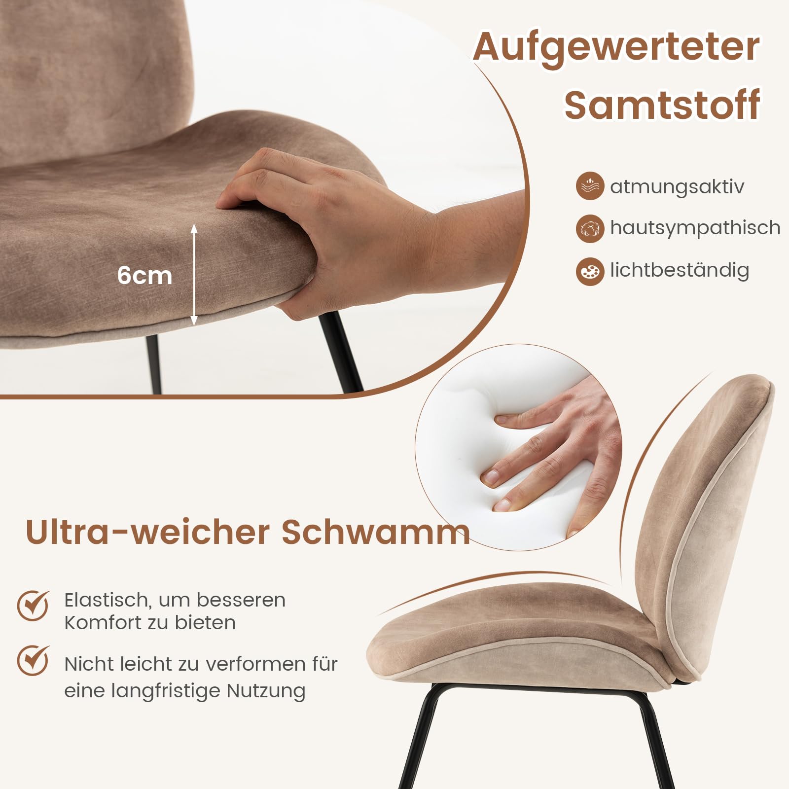 COSTWAY Set van 4 eetkamerstoelen, gestoffeerde keukenstoelen met rugleuning, gestoffeerde stoelen zonder mouwen, zithoogte 49 cm, modern, stoel voor keuken, eetkamer, restaurant, metalen frame