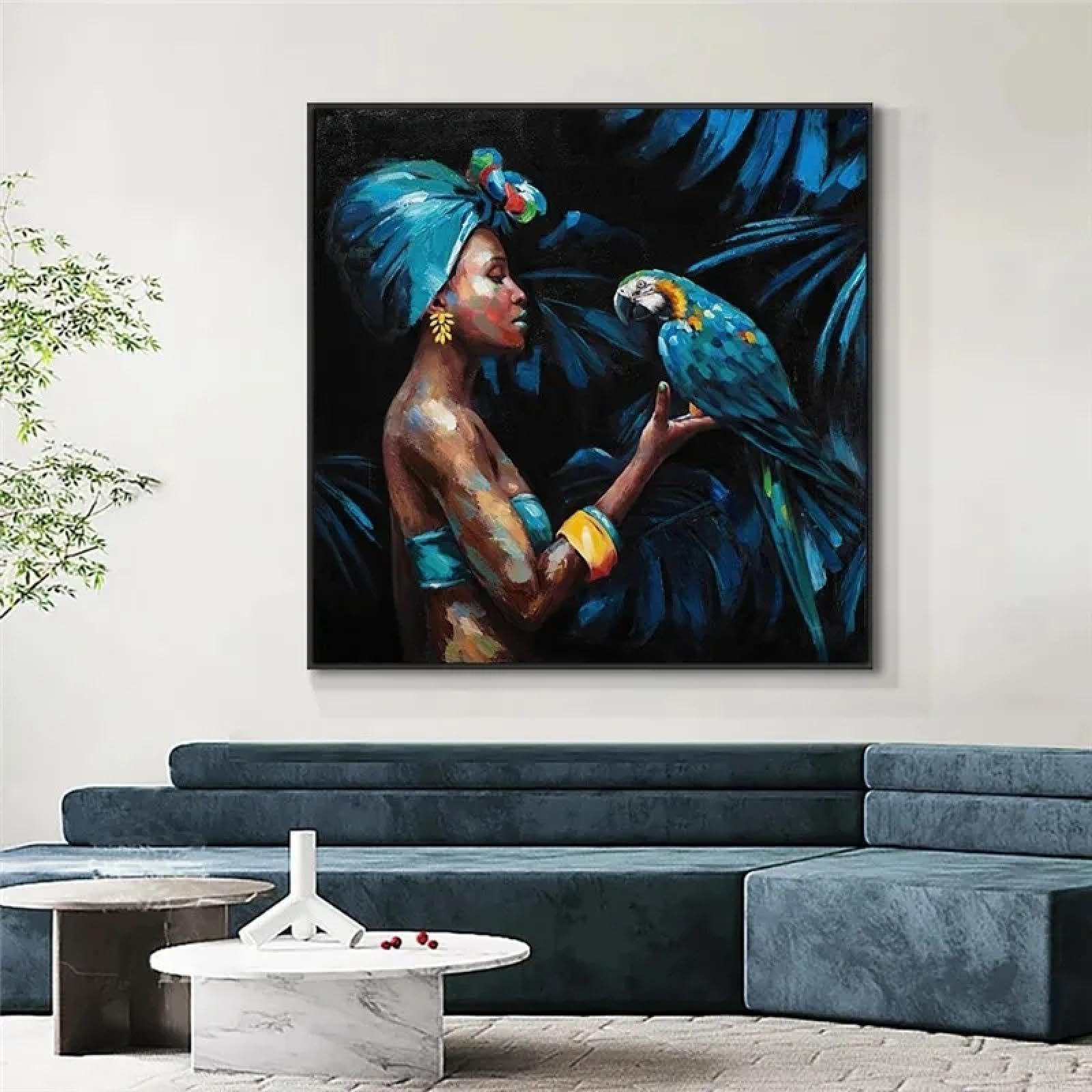 Cuadros decorativos modernos Mujer africana jugando con un loro Impresiones en lienzo Arte de pared Imágenes abstractas para decoración de sala de estar 80x80cm Sin marco