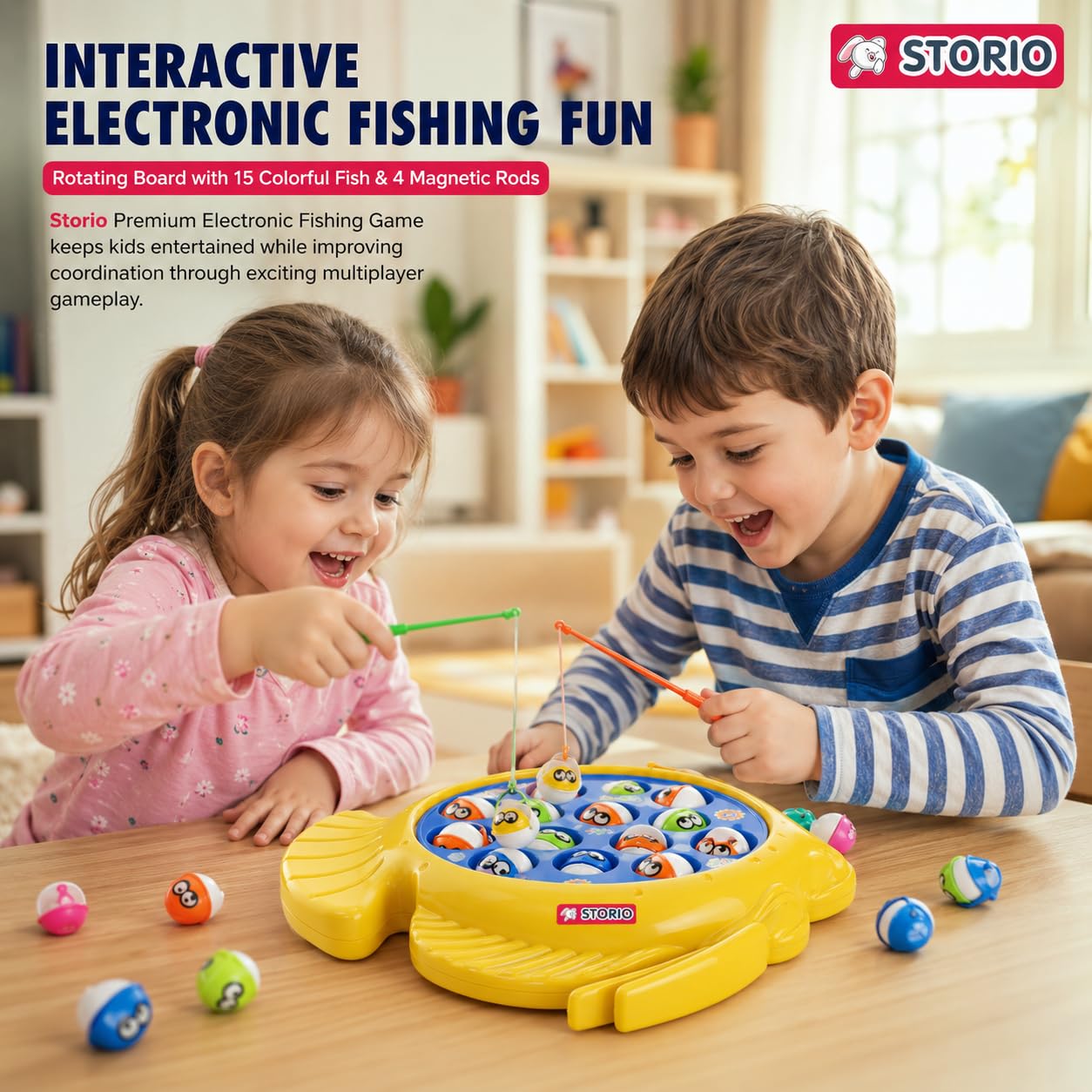 Storio Premium Electronic Fishing Game for Kids | Rotating Fish Catching Toy with 15 Fish & 4 Magnetic Rods | Fun Interactive Board Game for Boys & Girls — Amazon image 2
