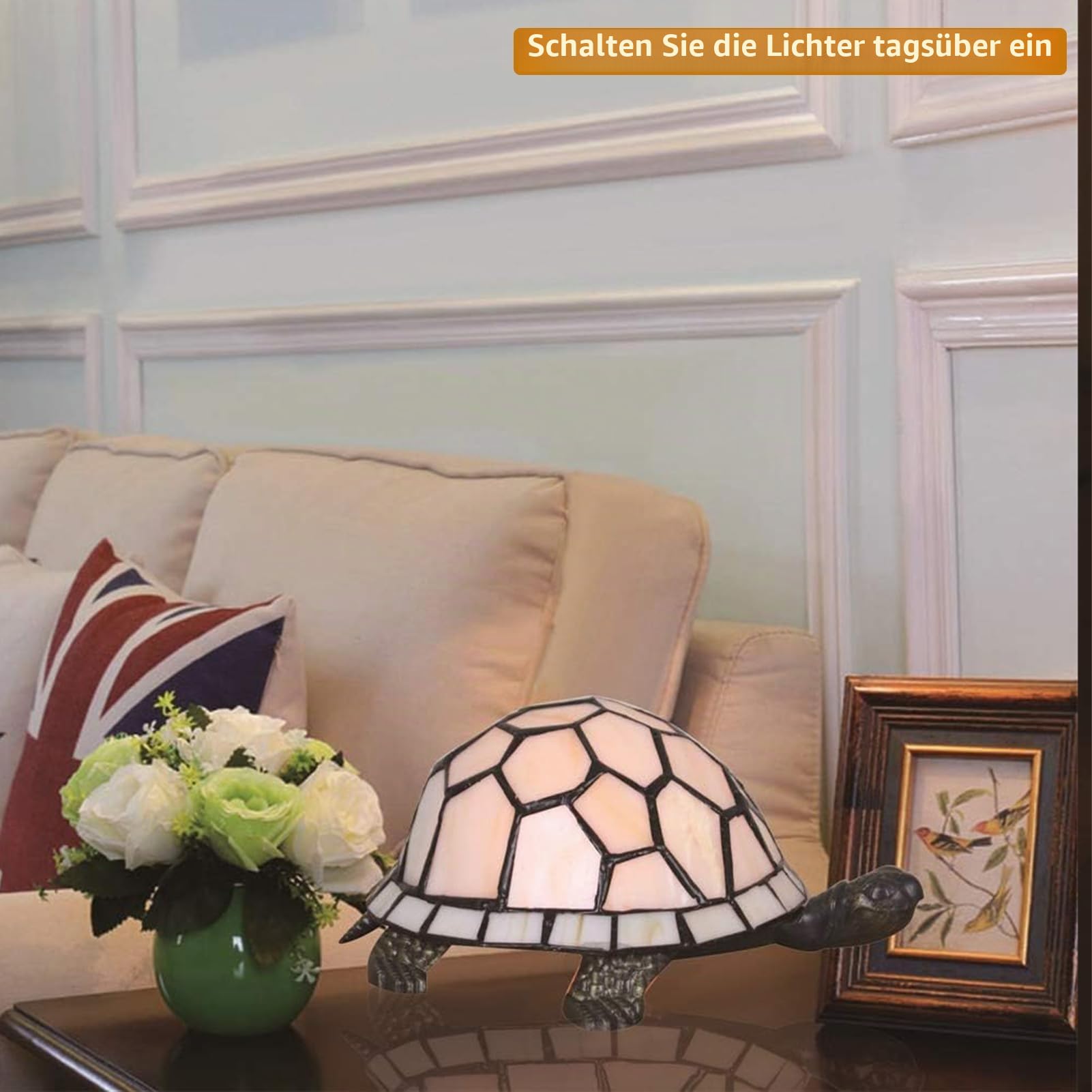 kleine Tischlampe,Tiffany-Stil Schildkröte Buntglas Lampenschirm Tischleuchte,vintage nachttischlampe,Schlafzimmer, Wohnzimmer kinderzimmer Art Deco lampe mit LED E14 Birne(cremefarben)