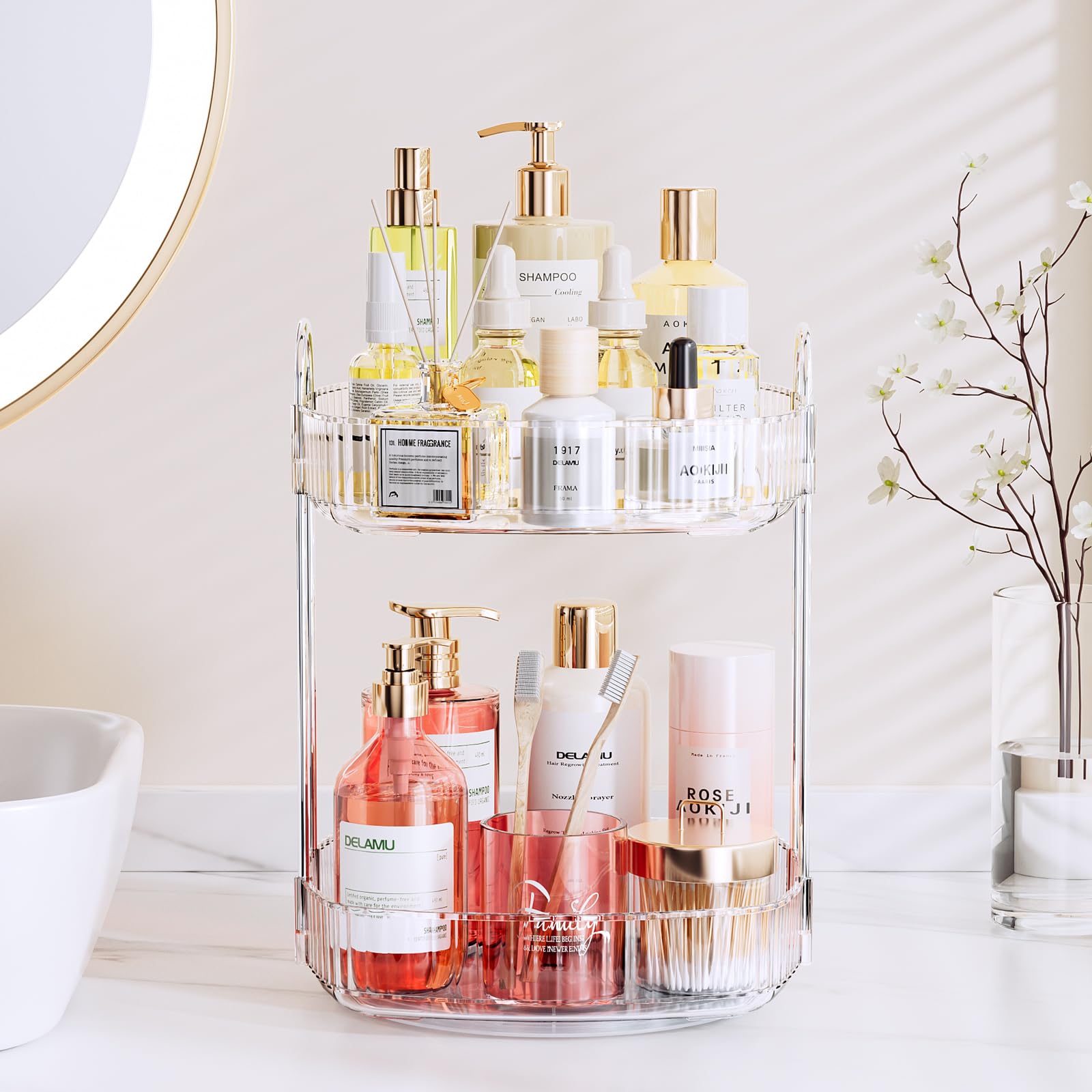 Delamu Rotating Bathroom Countertop Organizer, Large Capacity 2-Tier Multi-Function Storage for Cosmetics, Skincare, and Perfume. Makeup Organizer Countertop Ideal for Dresser, Bathroom,Vanity, Clear