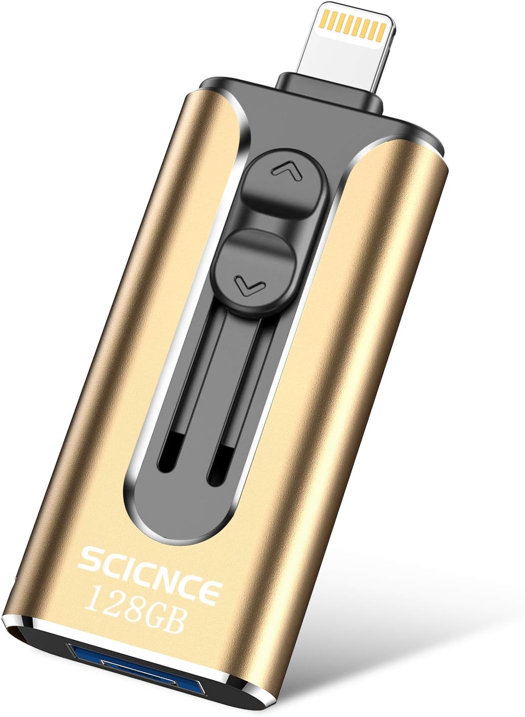 USB Flash Drive for iPhone, Photo Stick 128GB iPhone Memory Stick SCICNCE 3in1 Thumb Drive Compatible to iPhone, iPad, iPod, Mac, Android and Computer (Gold)