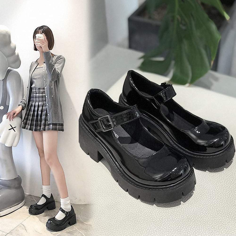 Mary Janes Chaussures à Plateforme pour Femme - Escarpins Gothiques en Cuir Verni