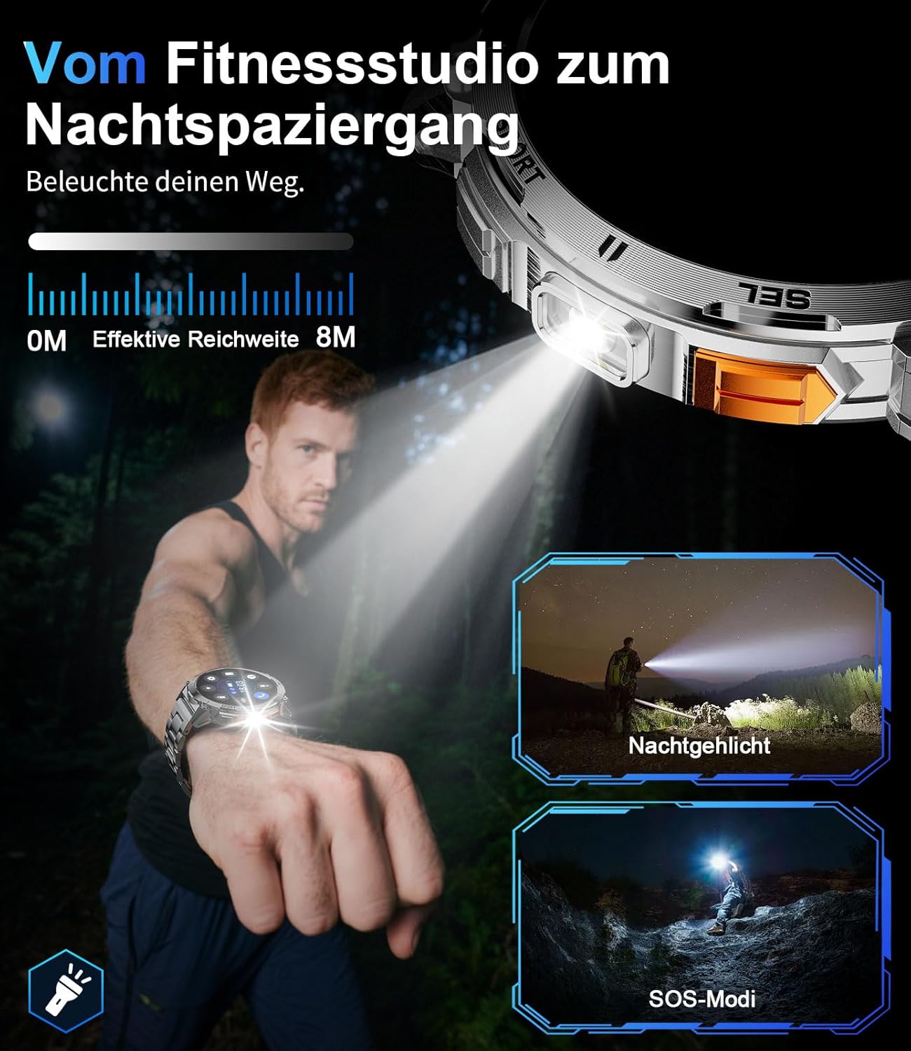 LIGE Smartwatch with its LED flashlight activated, illuminating a path at night