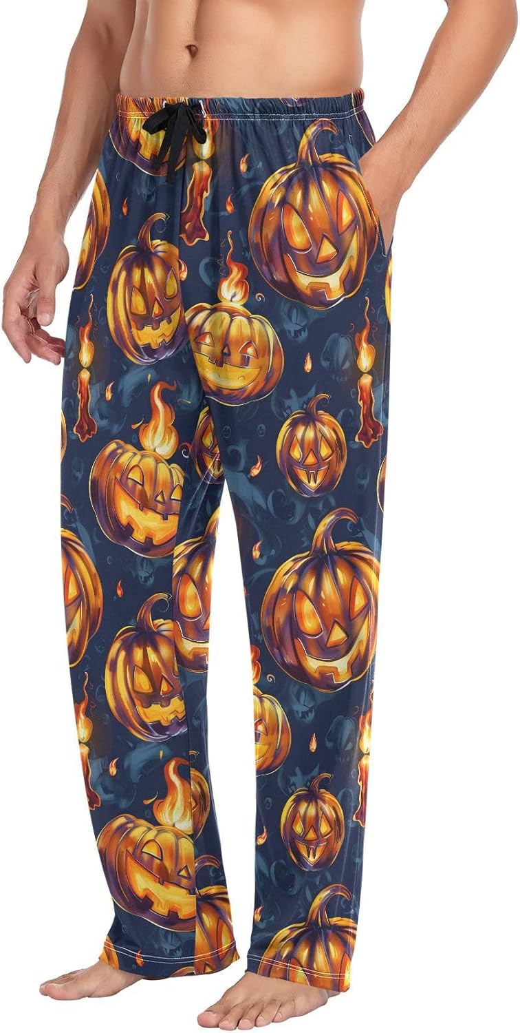 ALAZA Pumpkin Laugh Halloween Men's Sleepwear Mens Pajama Pants Bottoms with Pockets, S