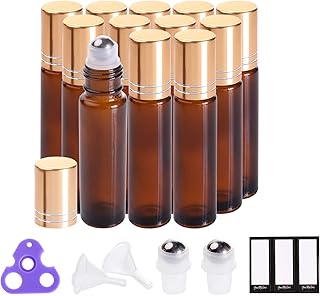 PrettyCare Essential Oil Roller Bottles 10ml (Amber Glass, 12pack, 2 Extra Roller Balls, 24 Labels, Opener, 2 Funnels Roller Balls, Roll on Bottles)