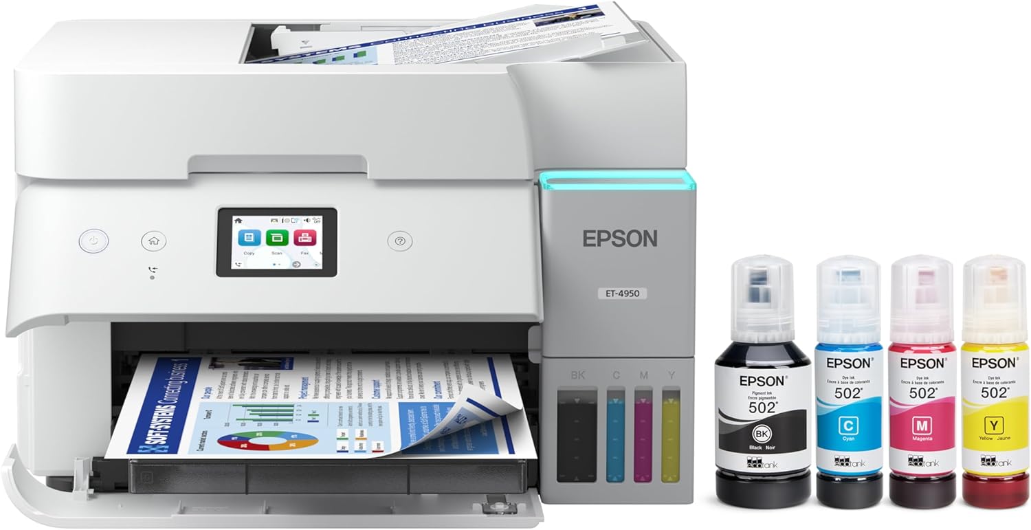 Epson EcoTank ET-4950 Wireless All-in-One Color Supertank Printer with up to 3 Years of Ink, Refillable Tanks, Perfect for Home, 18 PPM, 2.4" Color Touchscreen, Auto Document Feeder – White (Renewed)