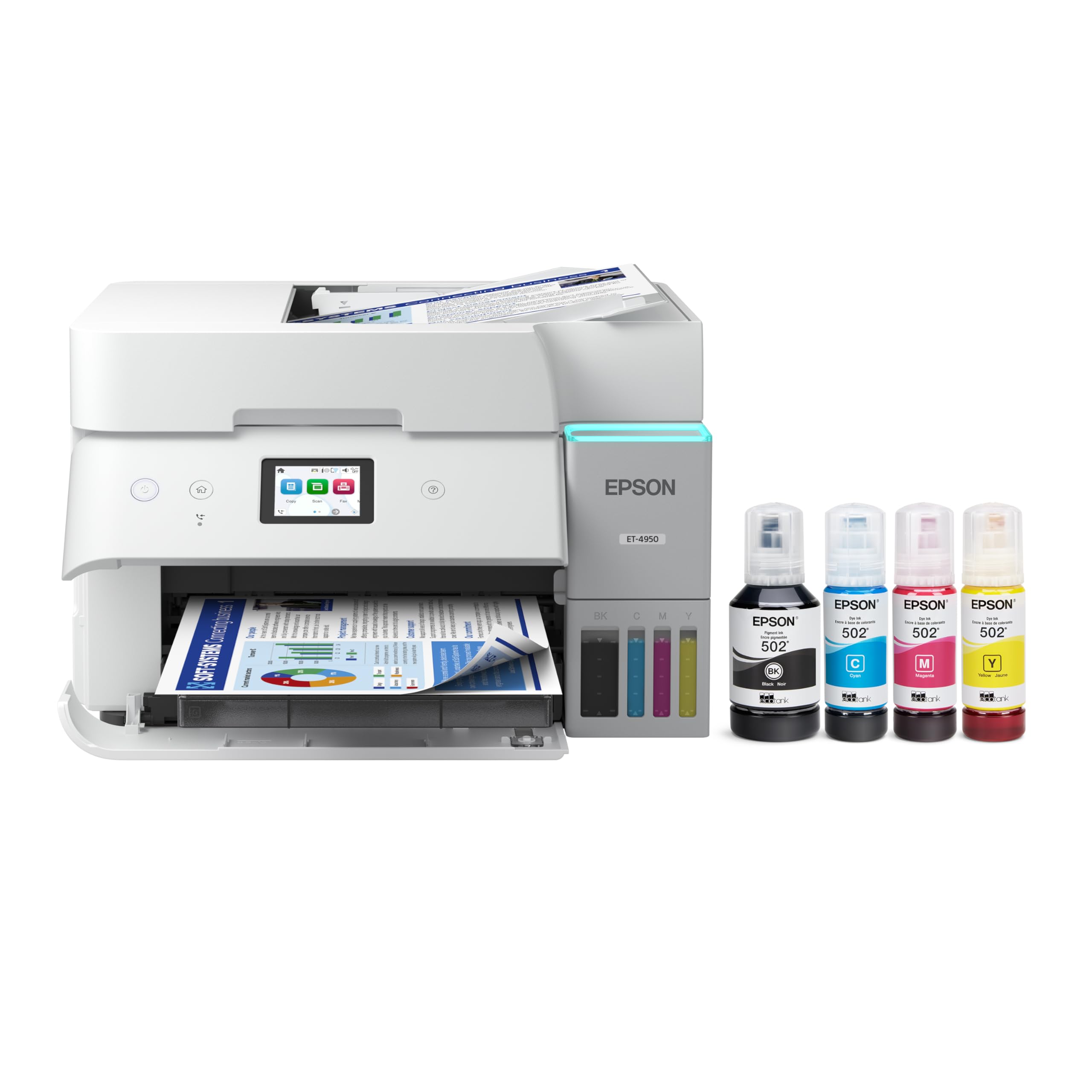 epson ecotank et-4950 wireless all-in-one color supertank printer with up to 3 years of ink refillable tanks perfect for office 18 ppm 2434 color touchscreen auto document feeder  white