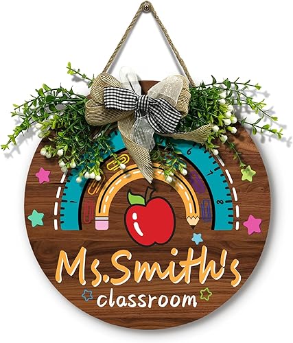 Miniatura 10 de Letrero de madera para puerta de aula de profesor, letrero de bienvenida para aula, estrella de manzana, flor para profesor, corona para puerta de