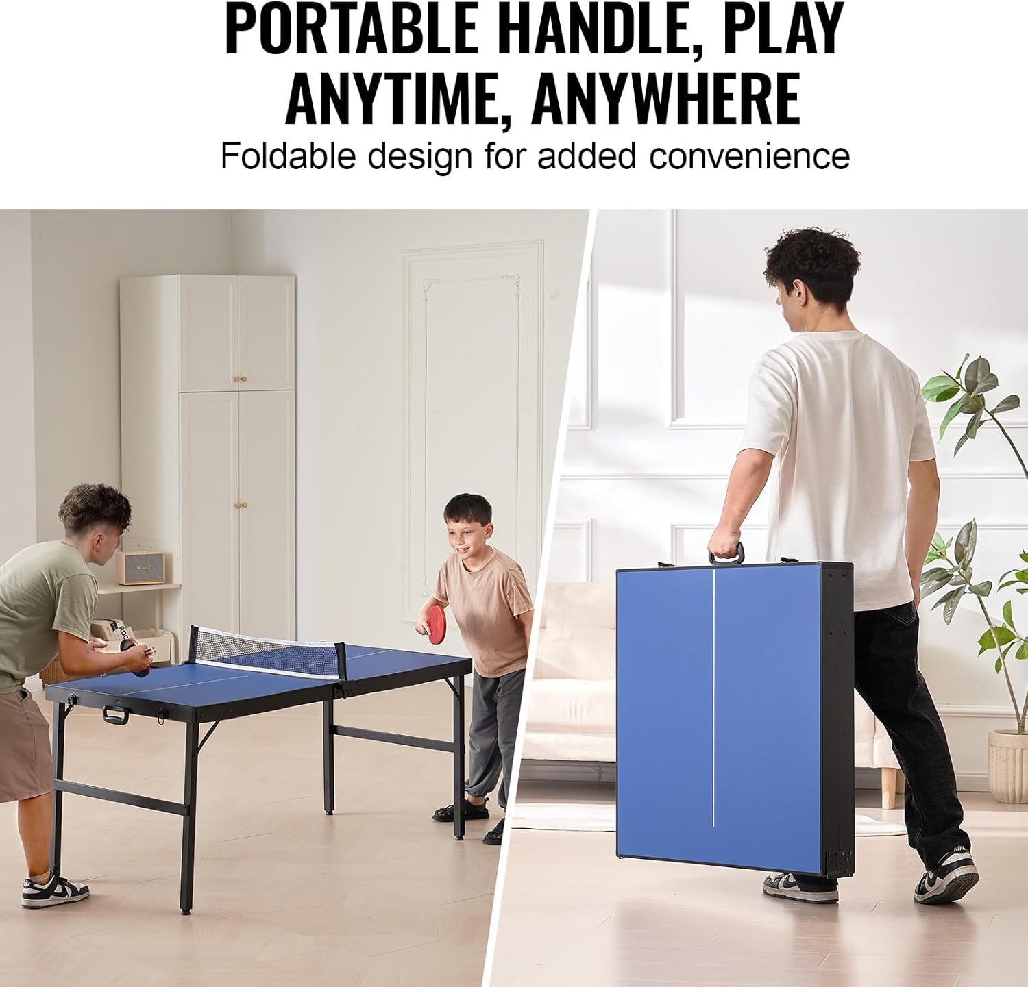 Happybuy Ping Pong Table, Mid-Size Table Tennis Game, Indoor MDF Table Tennis Table, Foldable Portable Complete Set with Net, 2 Paddles, 3 Balls, Carry Bag, Handle (No Assembly Required)