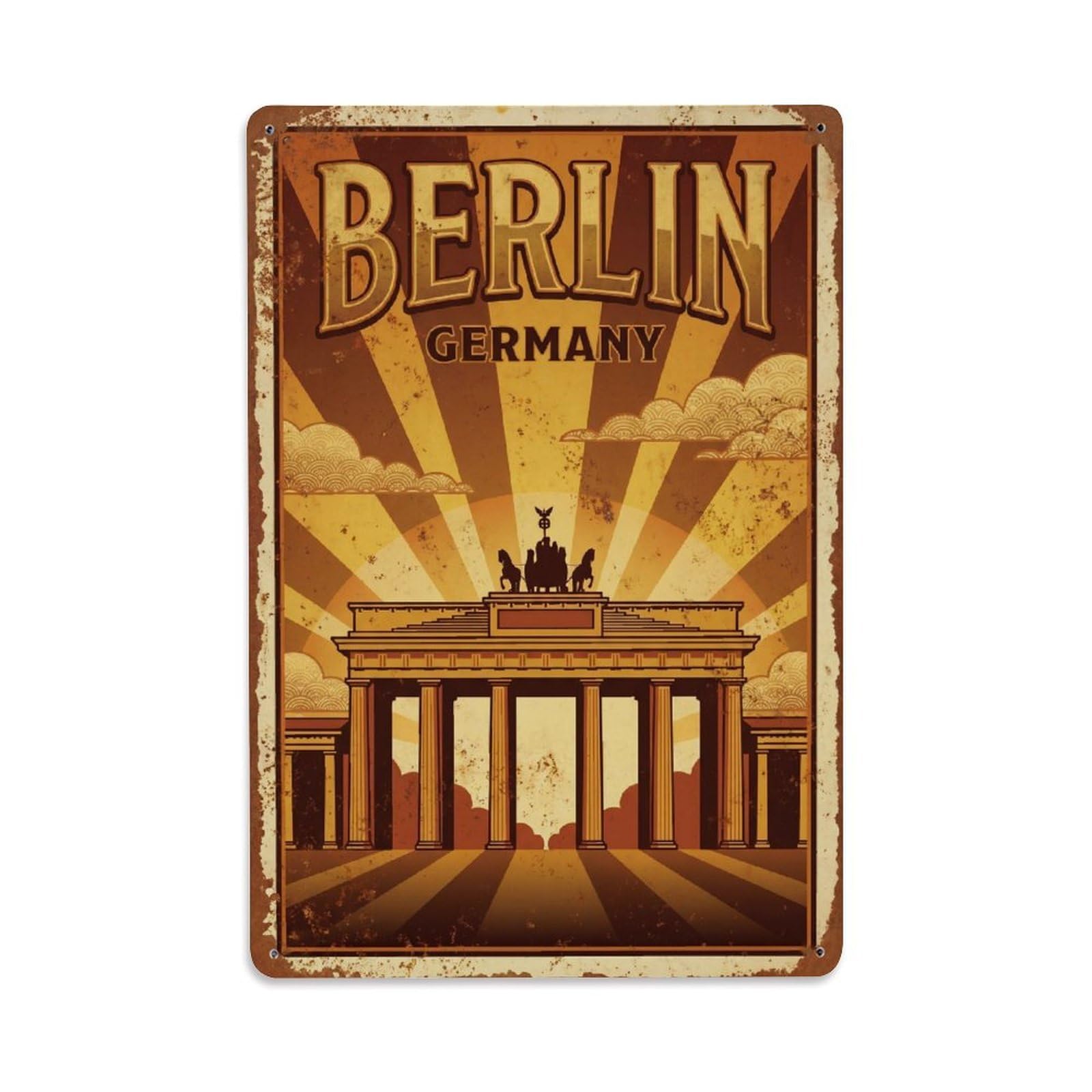 Berlin Germany Gate Vintage Travel Landmark Metal Tin Sign Plaque Wall Decor for Cafe, Man Cave, Club Bar, Office, Home Garden Round Metal Poster 8x12Inch