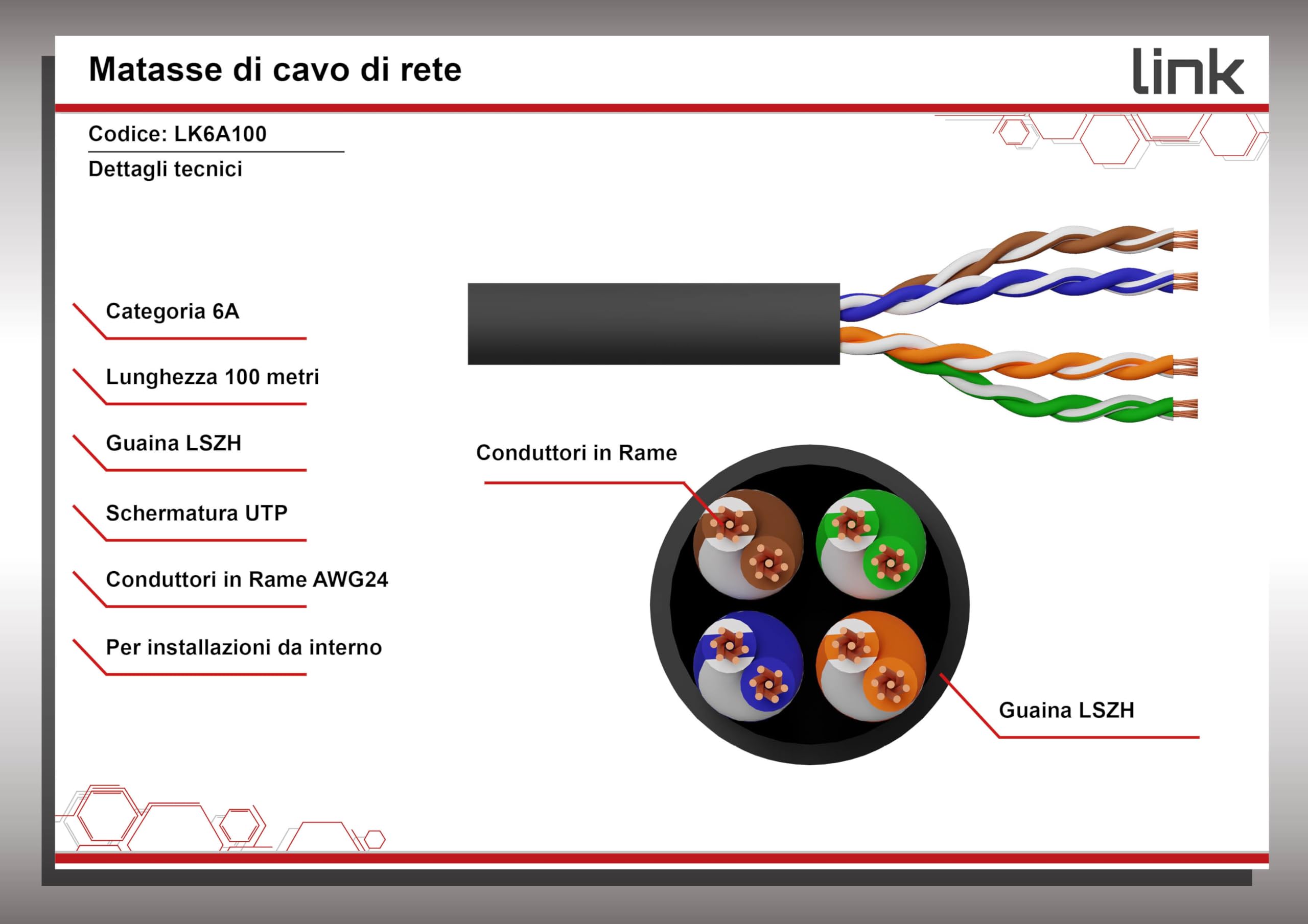 LINK LK6A100BL - Matassa Cavo di rete categoria 6A U/UTP LK6A100BL (100 metri, nero) – Guaina LSZH a bassa emissione di fumo – Conduttori in rame AWG24 con 2 connettori RJ45 preinstallati