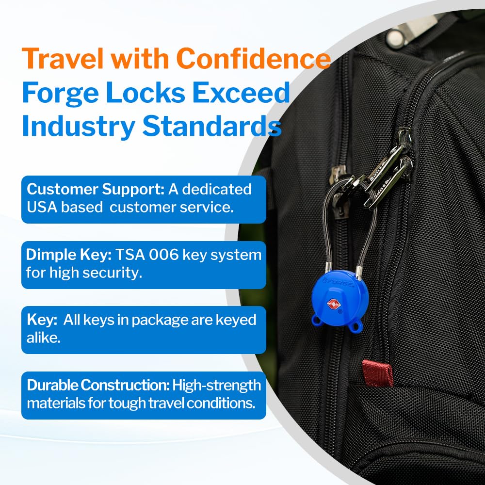 Forge Cadenas à bagages approuvés par la TSA - Verrouillage de câble de voyage ultra sécurisé avec corps en alliage de zinc - 4 serrures, noir, bleu, rouge, vert.