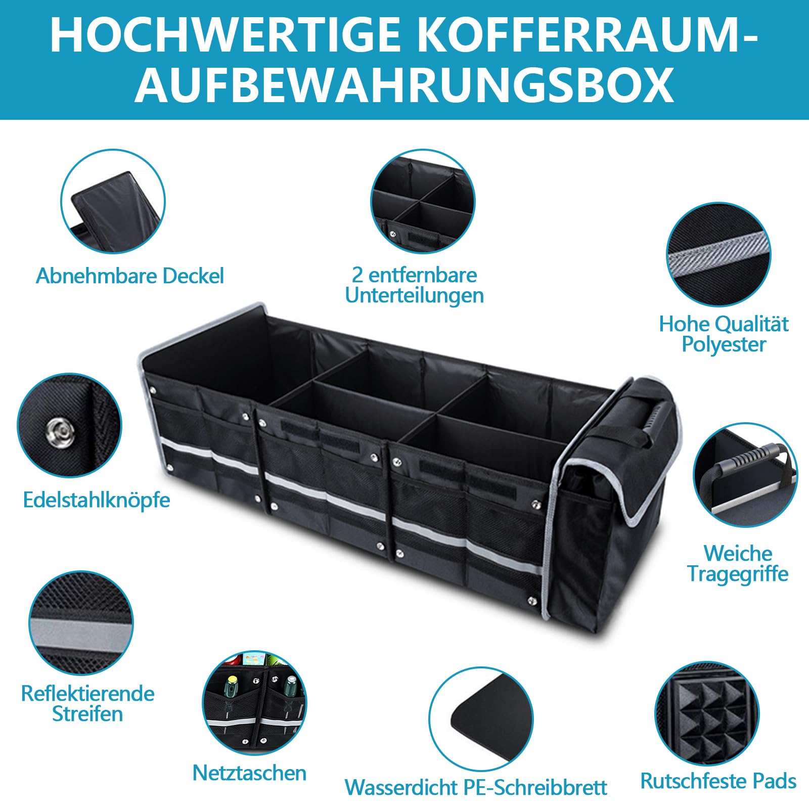 Organizer per bagagliaio extra grande da 94,5 l, con borsa termica da 18 l, pieghevole, con 5 scomparti, coperchio pieghevole e spallacci regolabili