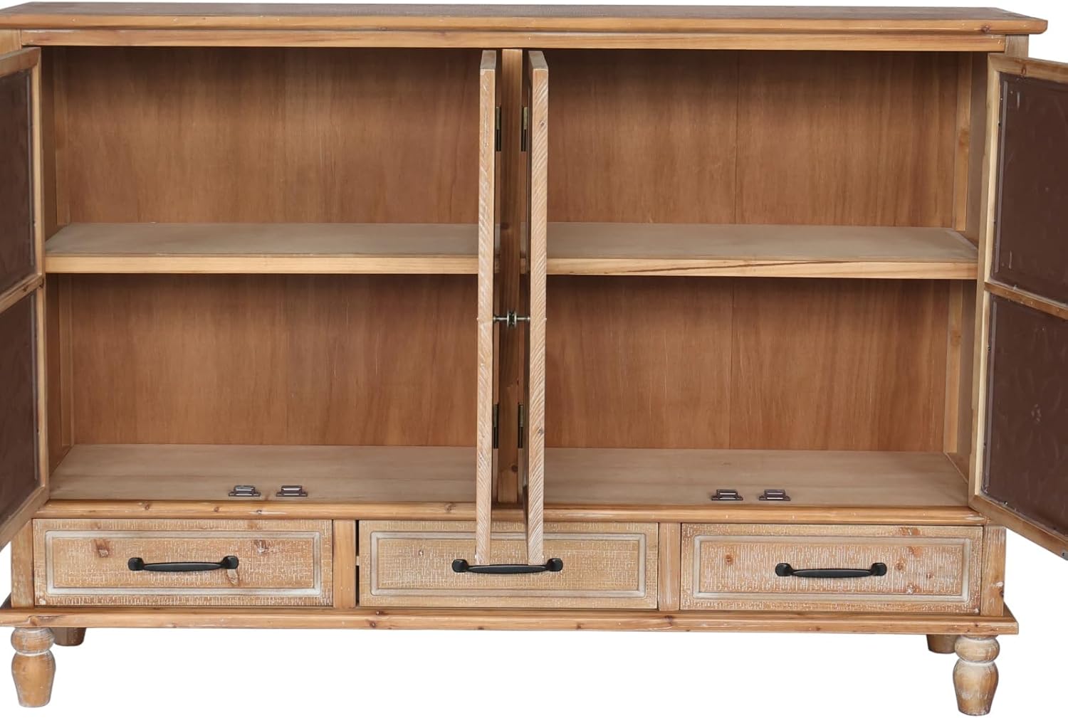 59.06" Chic Natural Wood Accent Cabinet, 4 Doord 3 drawers Sideboard Buffet with Adjustable Shelves, Stylish Storage for Living Room, Kitchen, and Dining, Easy Assembly, Durable MDF, Natural Wood