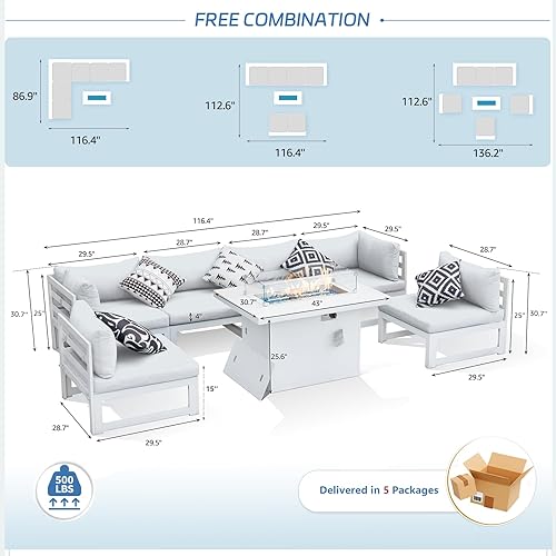Miniatura 4 de NICESOUL 7 Piece White Powder-Coated Aluminum Patio Furniture with Fire Pit Table, 29 Inch Extra Wide Outdoor Sectional Sofa for 6, High-End Heavy