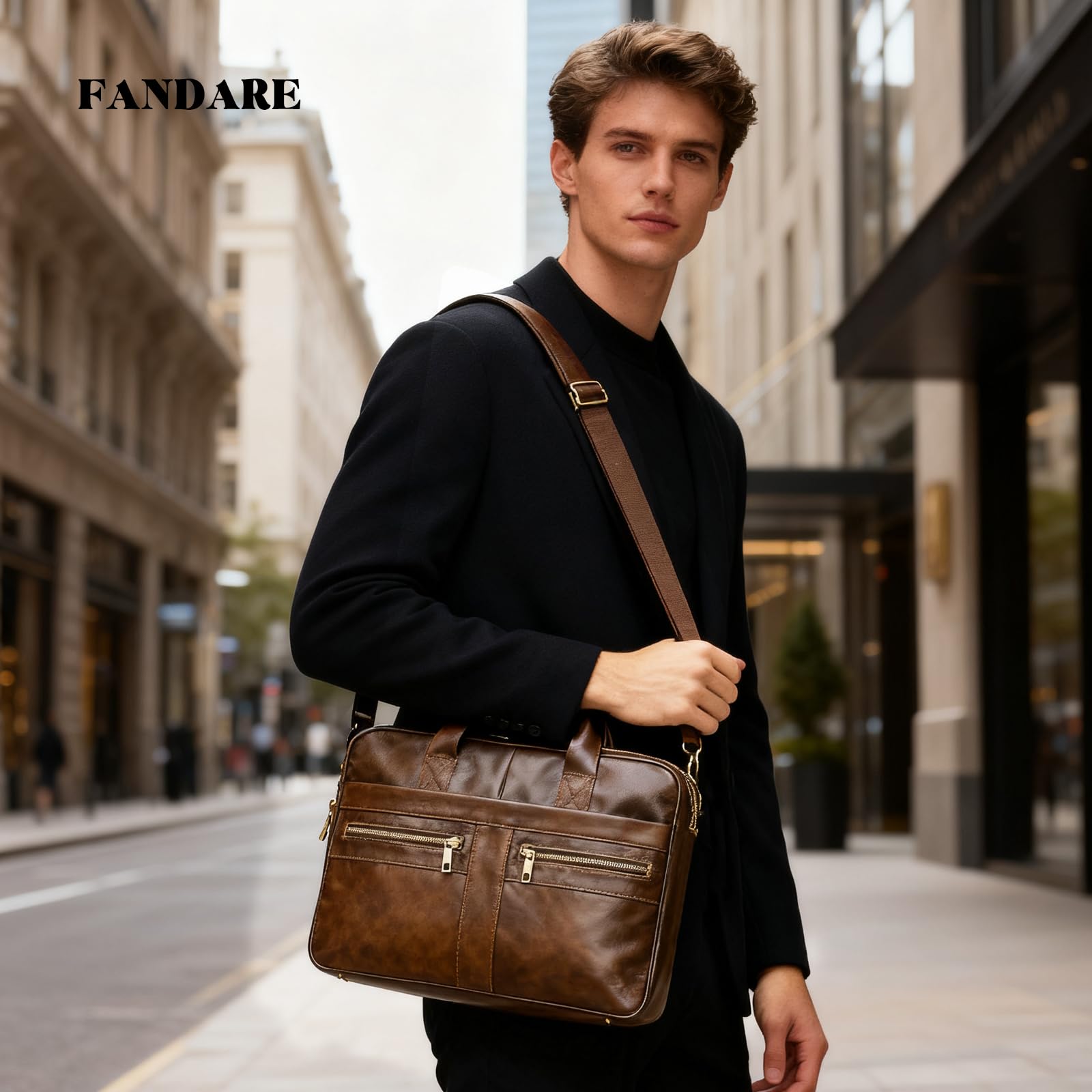 FANDARE Herren Leder Aktentasche Dokumententasche Geschäftstasche Business Messenger Handtasche Mappe Aktenkoffer Umhängetasche für 15.6 Zoll Laptoptasche Henkeltasche für Arbeit und Reisen
