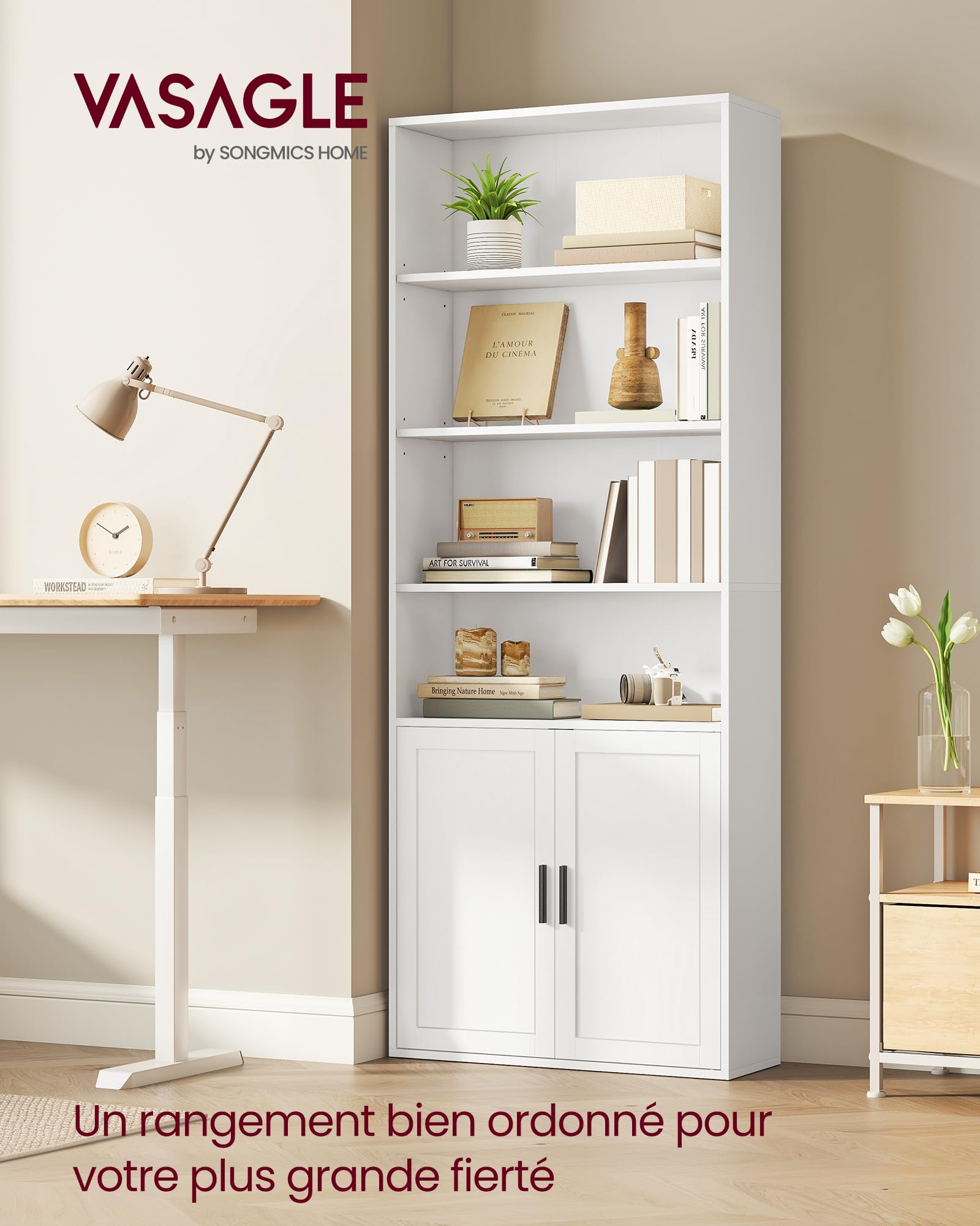 VASAGLE Custos Collection - Bibliothèque, Étagère Haute sur 6 Niveaux, avec Portes, Meuble de Rangement Ouvert, 24 x 60 x 175 cm, pour Salon, Bureau, Salle à Manger, Blanc Nuage LBC402W01