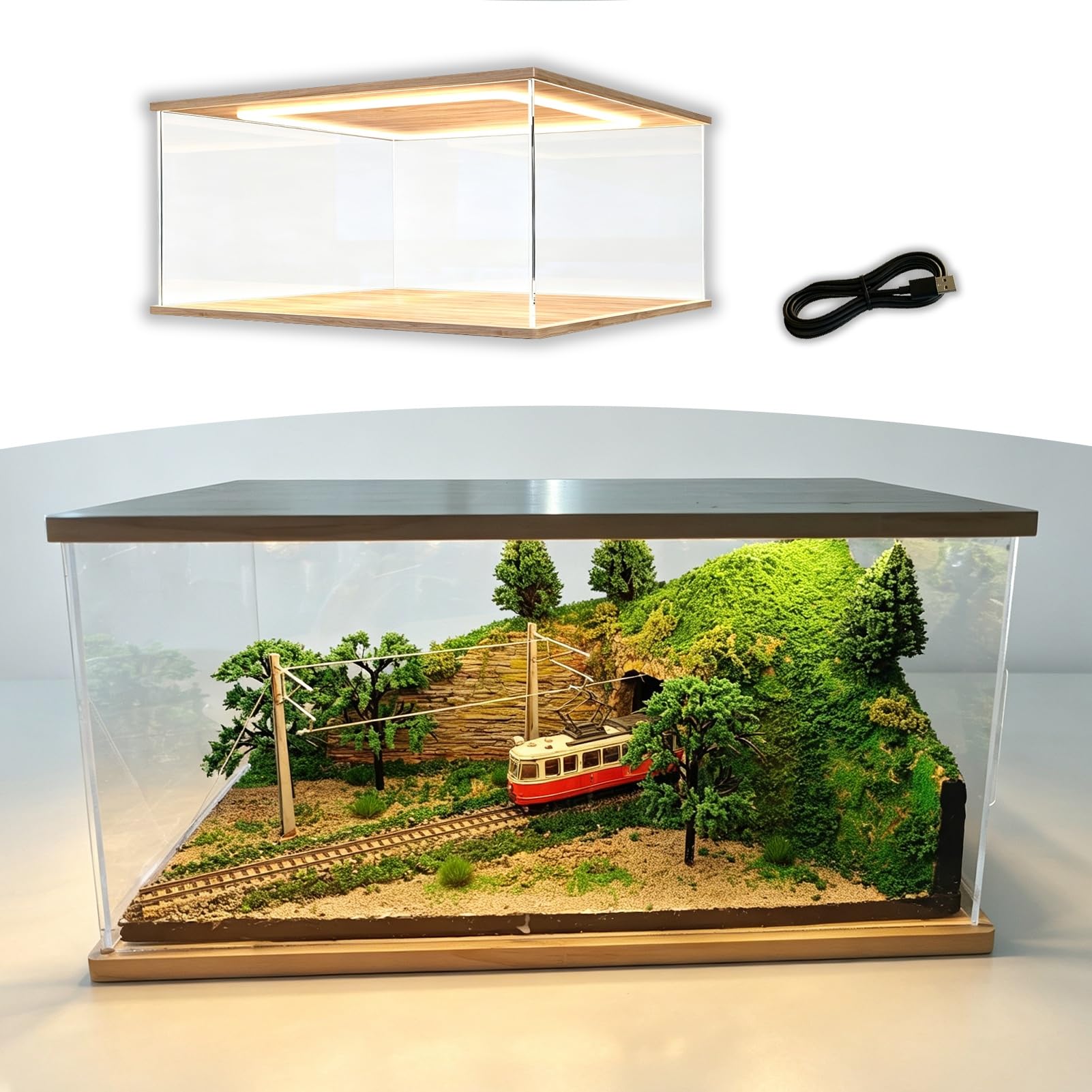 Urna Metacrilato Vitrina Acrílica Extra Ancha Iluminada para Miniaturas, Caja Expositora Transparente con Base y Puerta de Madera, Soporte Cúbico Personalizable