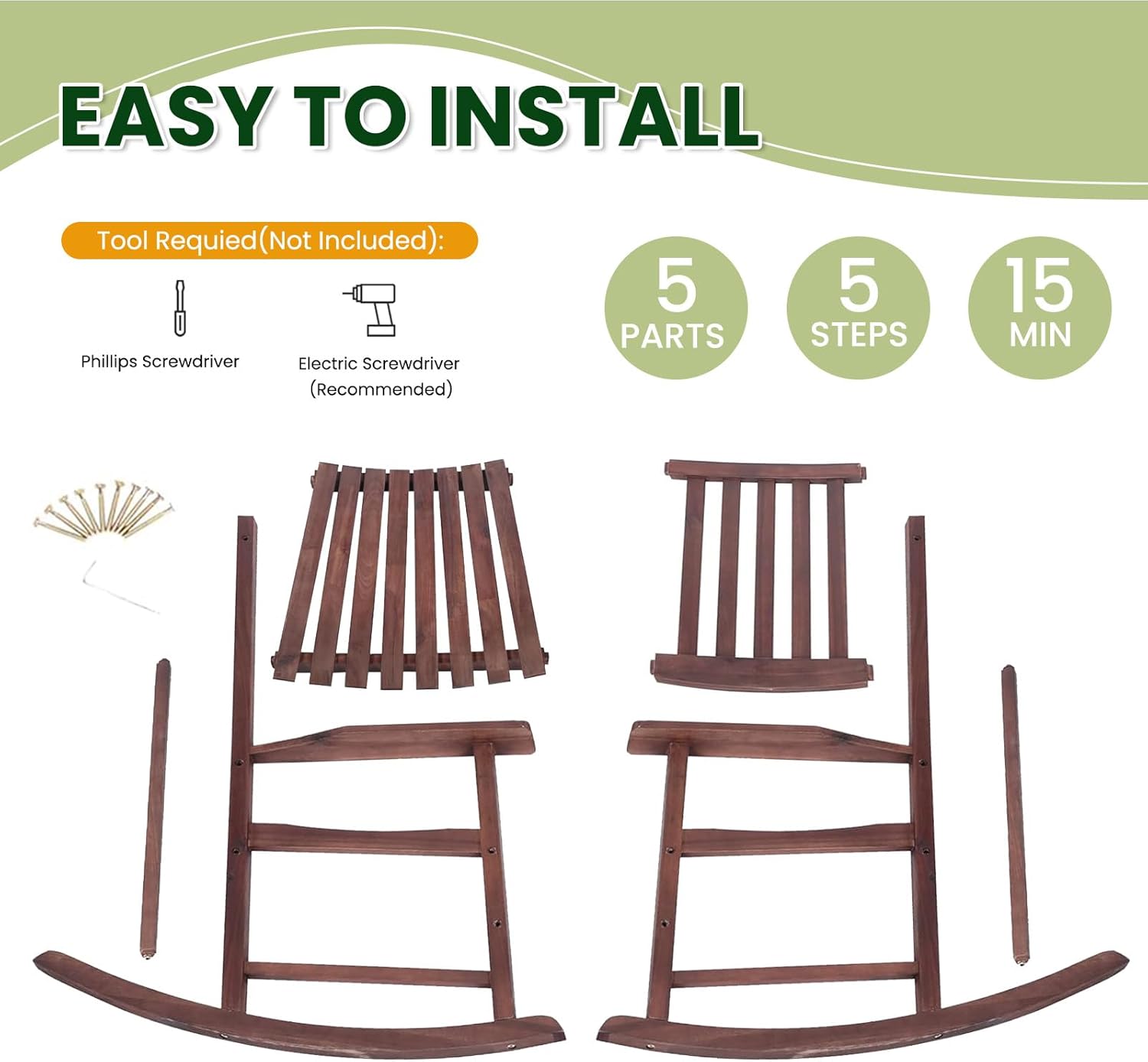 Wooden Outdoor Rocking Chairs, Porch Rocker for Patio,Deck,Garden, Indoor Outdoor Use, Suitable for Kids, Acacia Wood, Dark Brown