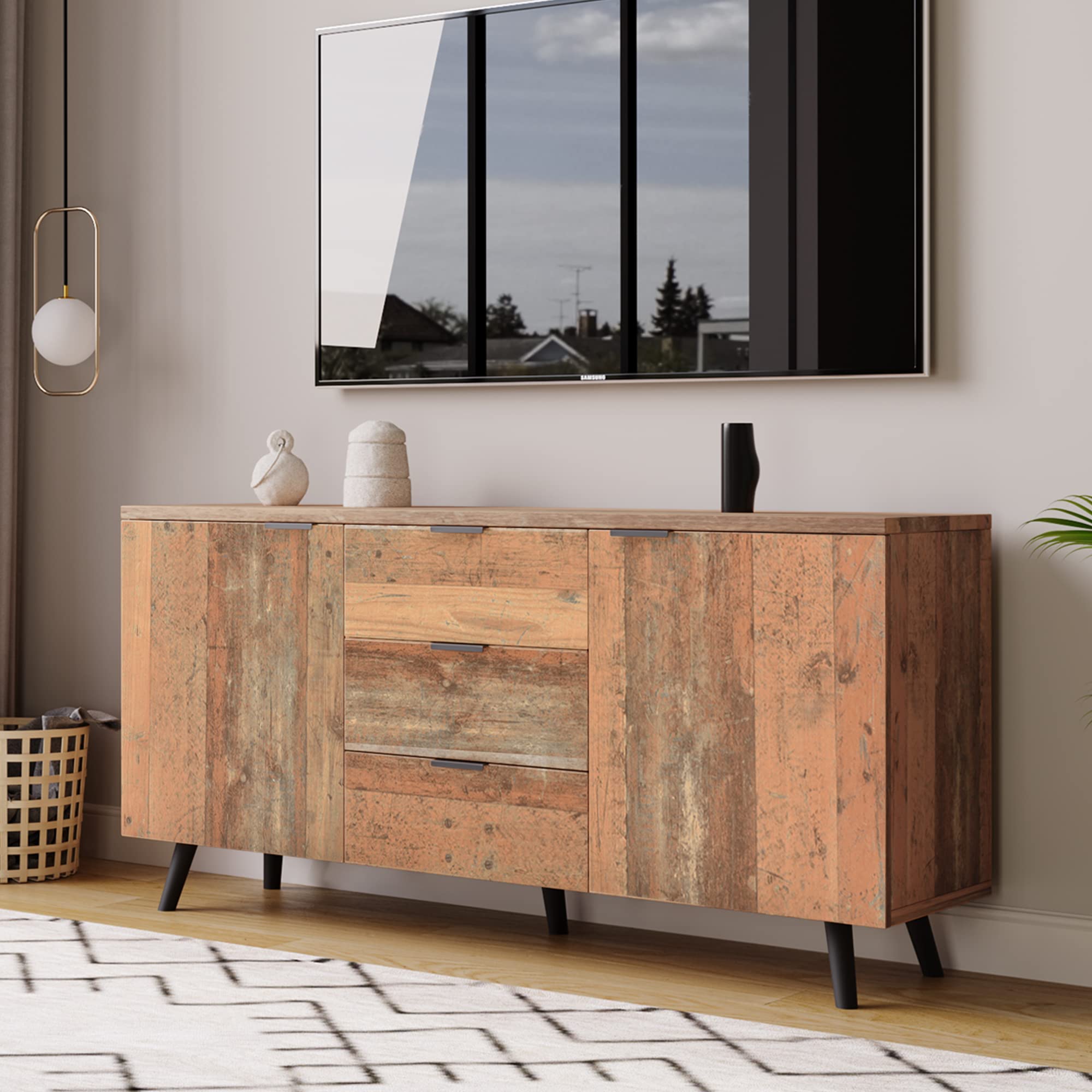 BTM Sideboard TV-Schrank mit verstellbaren Regalen, Kommode, vertikaler Schrank, Aufbewahrungsschrank, DREI Schubladen, für Wohnzimmer, Esszimmer, Schlafzimmer, Vintage, Braun, 140cm