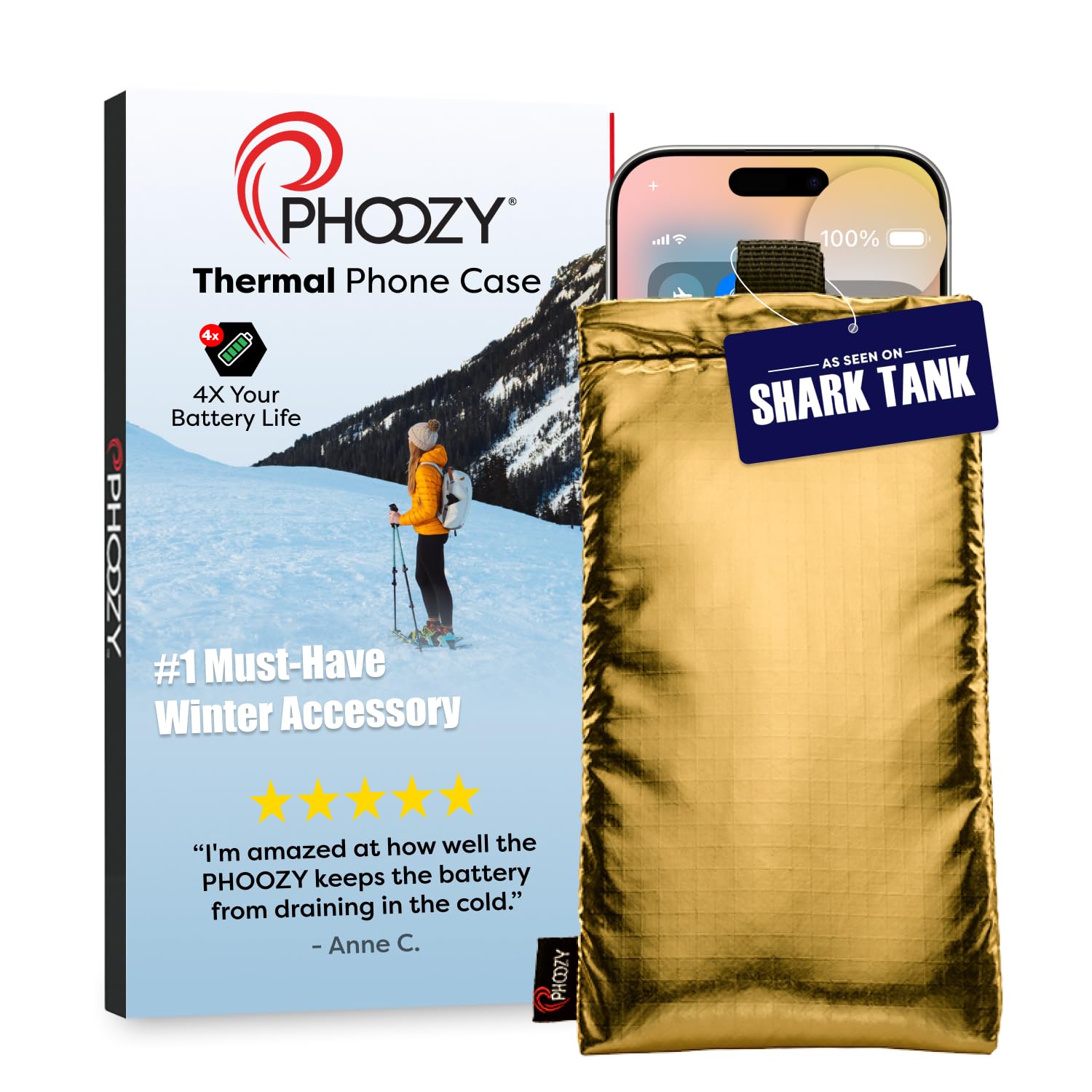 PHOOZY Apollo Thermal Phone Case for Cold Weather | Insulated Phone Pouch Extends Battery Life 3X | NASA Tech Snow Skiing Accessories | Military-Grade Drop & Water-Resistant Protector | Large - Gold