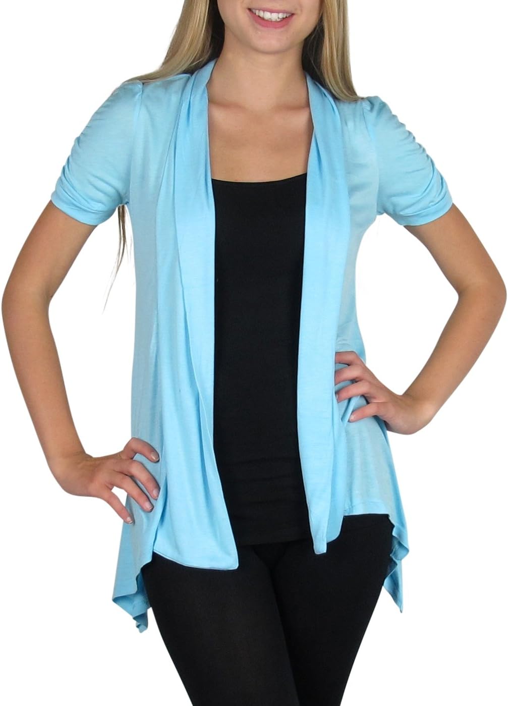 Women's Short Sleeve Open Flyaway Cardigan Sweater (Small, Aqua)