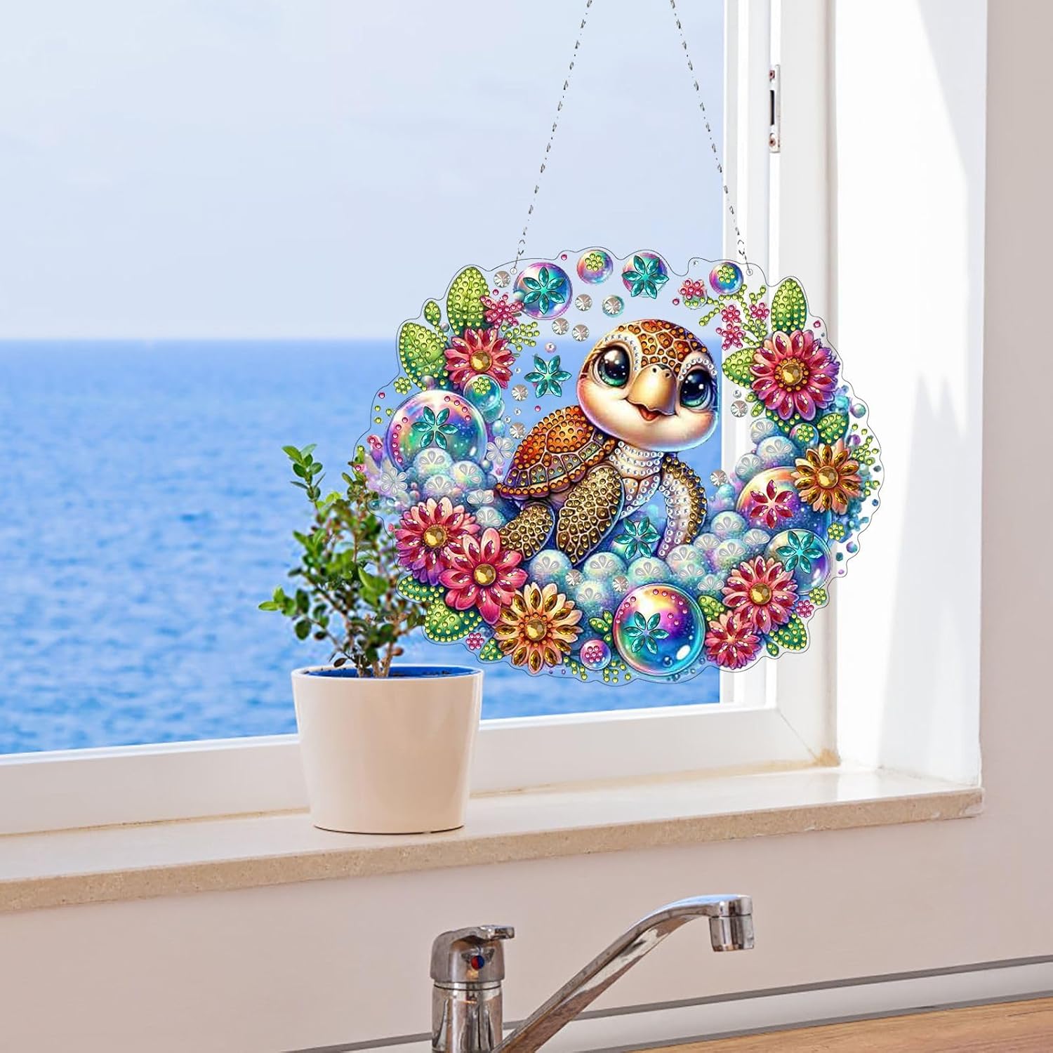 DIY Diamond Art Painting Wreath Kits Rhinestone Diamond Art Window Hanging Pendants Home Garden Wall Hanging Kits (Double-Sided Pattern Single Side Point Drill)-#05-2PC Sea Turtle