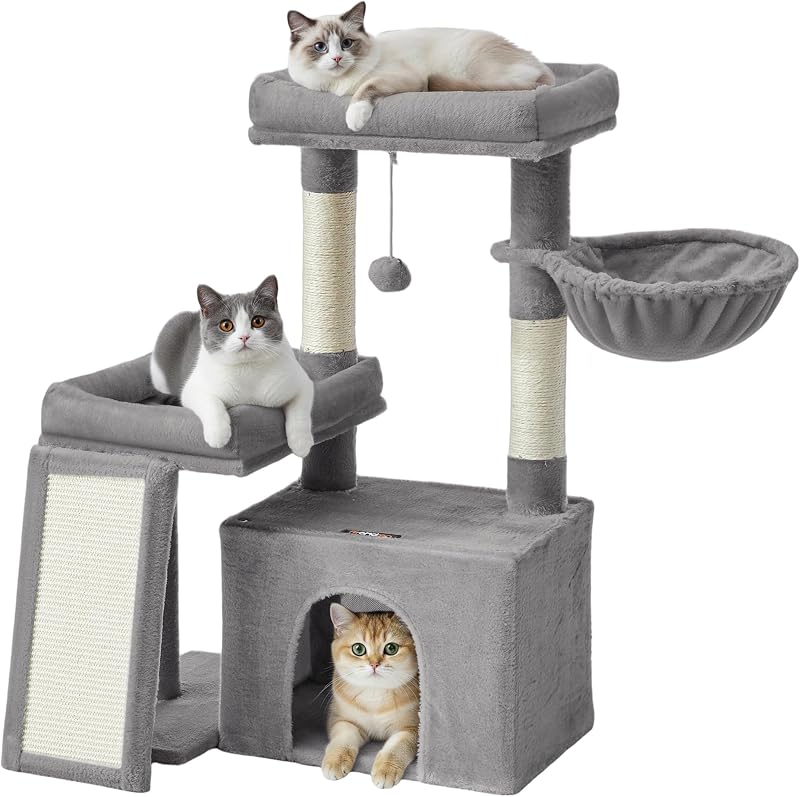 Árvore de atividades para gatos FEANDREA com postes arranhadores e rampa, Cinza-pomba, 92,5 x 58,9 x 85,8 cm