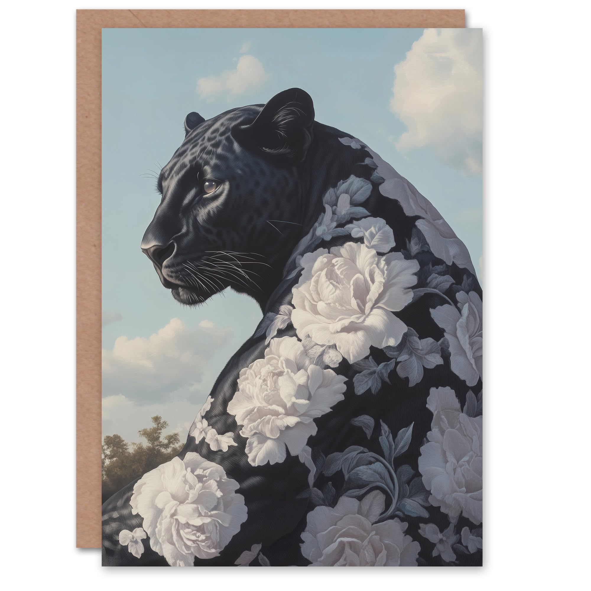 Artery8 Greeting Card Black Panther White Rose Flower Pattern Fur Coat For Her Woman Birthday Card