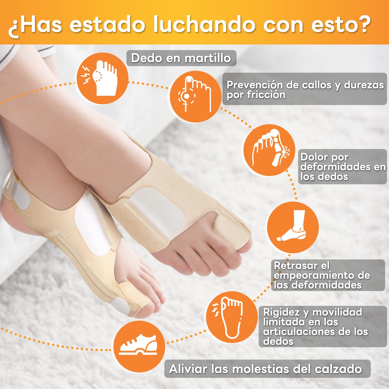 Corrector de hallux valgus InhwRior, equipado con 4 barras flexibles de acero inoxidable, 2 en cada lado, con almohadillas de amortiguación de silicona, mejora indolora de la condición del pie;lavable
