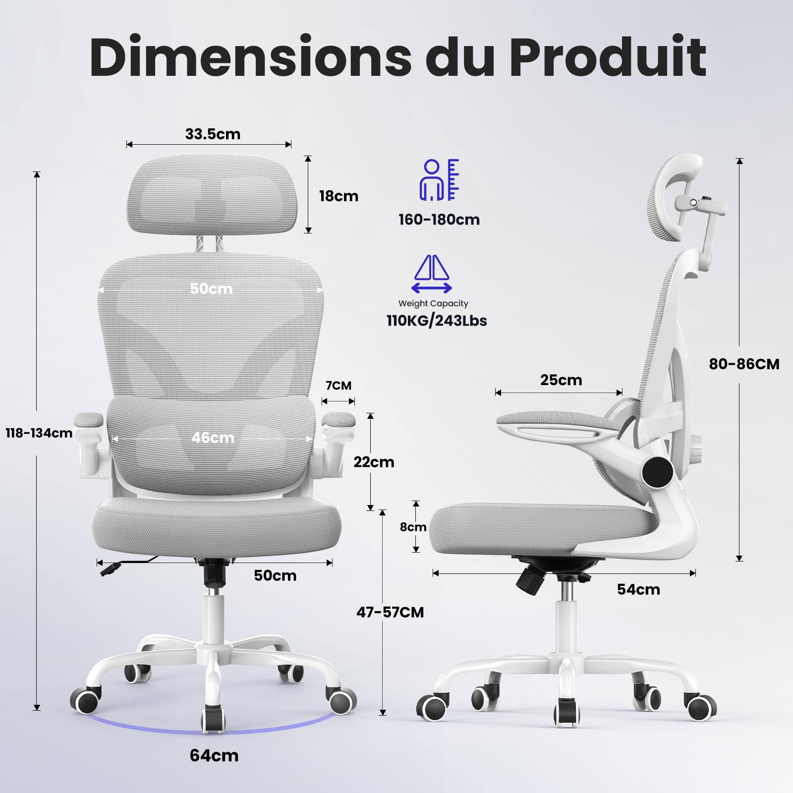 Chaise Bureau Ergonomique, Fauteuil Bureau avec 2D Soutien Lombaire, Gris