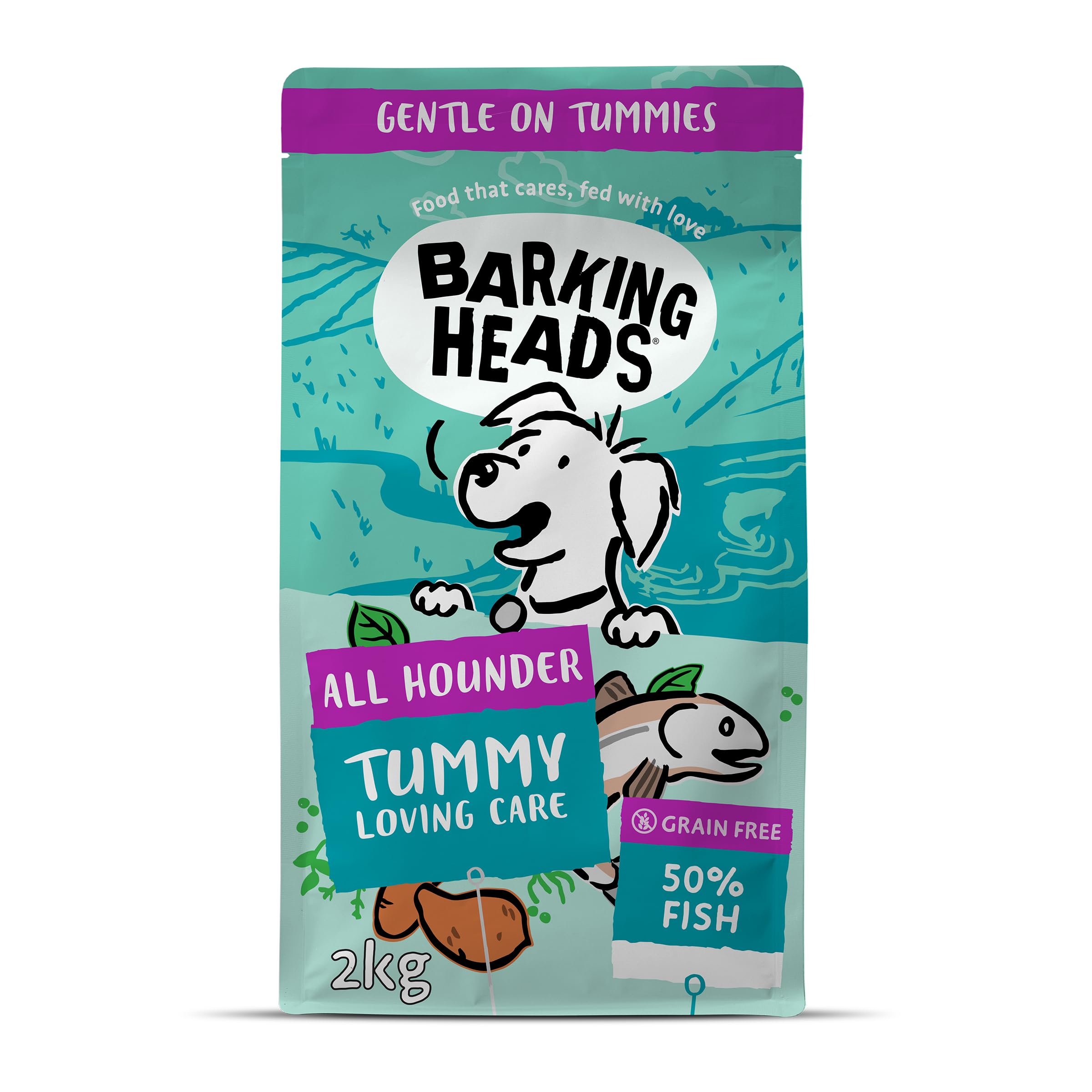Barking Heads Complete Dry Dog Food 2kg - Adult All Hounder Tummy Loving Care Fish - Natural Grain Free Hypoallergenic for Sensitive Stomachs - Vet Approved
