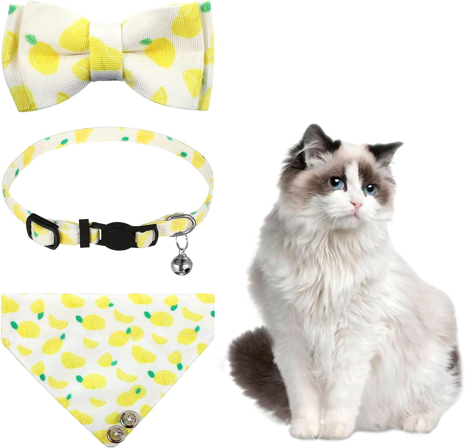 loraleo Cat Collar with Scarf and Bow Tie Lemon Kitty Kitten Summer Collar Adjustable Size with Bell Perfect for Cats Puppy Small Dogs (…