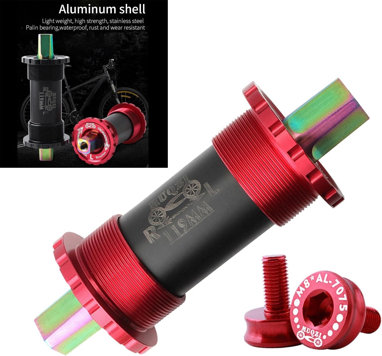 High Strength Titanium Alloy Bike Bottom Bracket Set with Square Hole Screws - Super Moist & Corrosion, Easy Installation - for Road, Mountain, Folding Bikes - Square Tapered - 119mm Red
