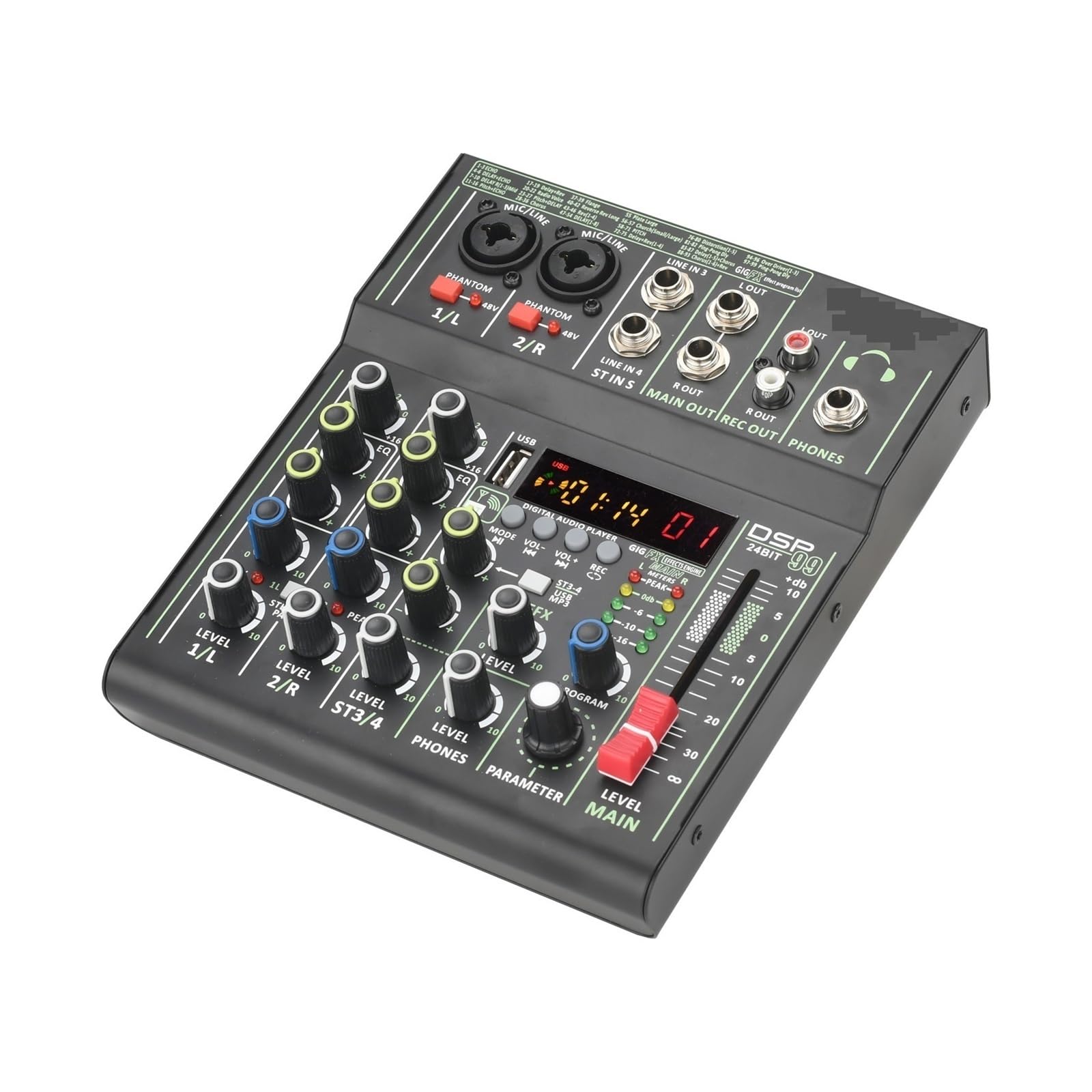 Mikser dźwięku, Miniaturowy mikser 4-kanałowy indywidualny +48V 99 efektów DSP USB komputerowy odtwarzacz nagrywanie konsola miksująca