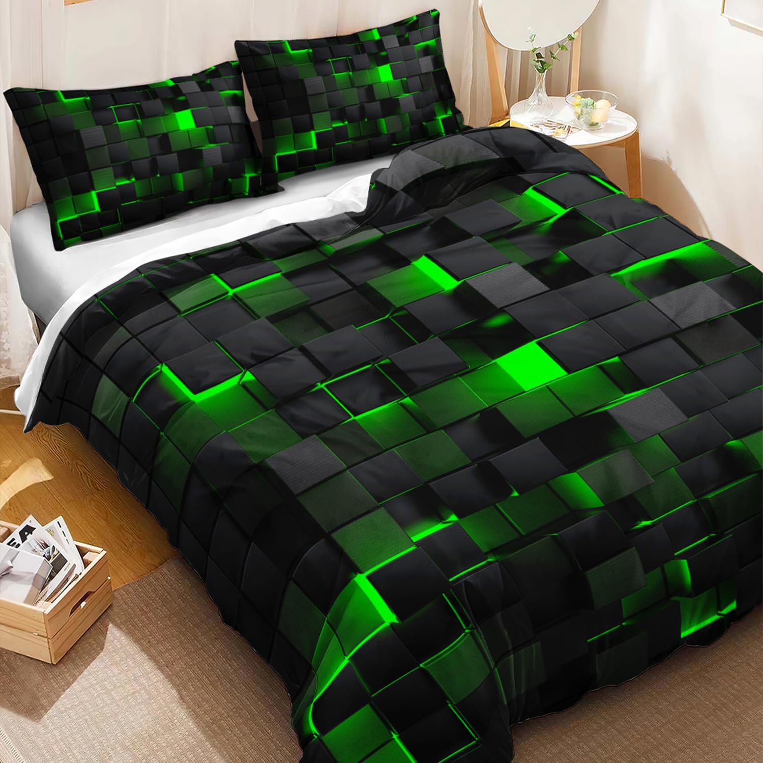 Nttopship Geometric Green Black Duvet Cover Queen Size,Light Honeycomb 3PCS Bedding Set for Kids and Adults,Modern Cover Set Geometry Decor,Microfiber Lightweight 1 Duvet Cover and 2 Pillowcases