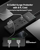 Vista 8 de Belkin - Protector de sobretensiones de 8 salidas con 8 tomas de corriente alterna y enchufe plano de 8 pies, cable de extensión resistente de alta